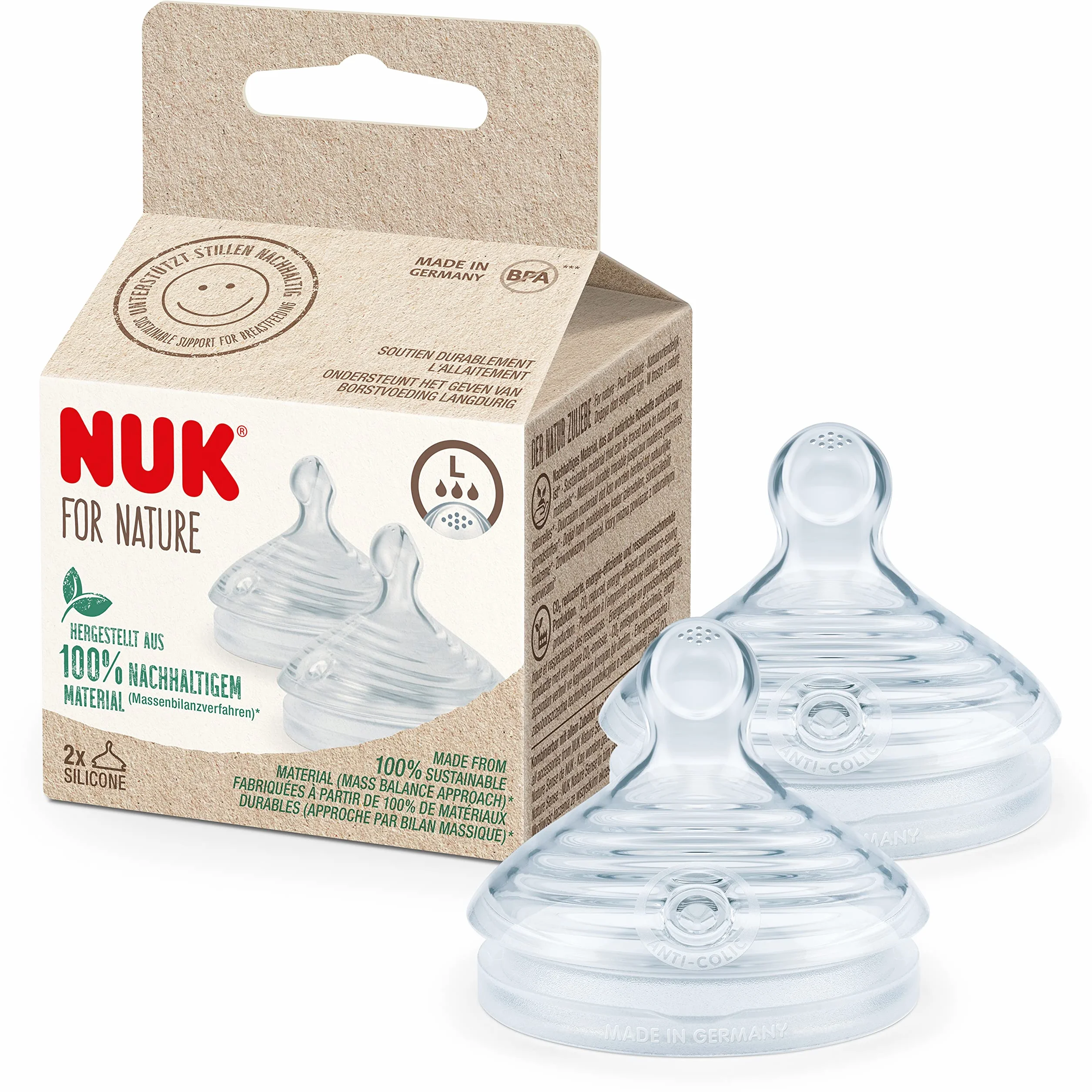 Dodatki do butelki dla niemowląt NUK for Nature, duży, przypominający piersi, trwały silikon z zaworem antykolkowym, regulacja temperatury, bez BPA, 2 szt.