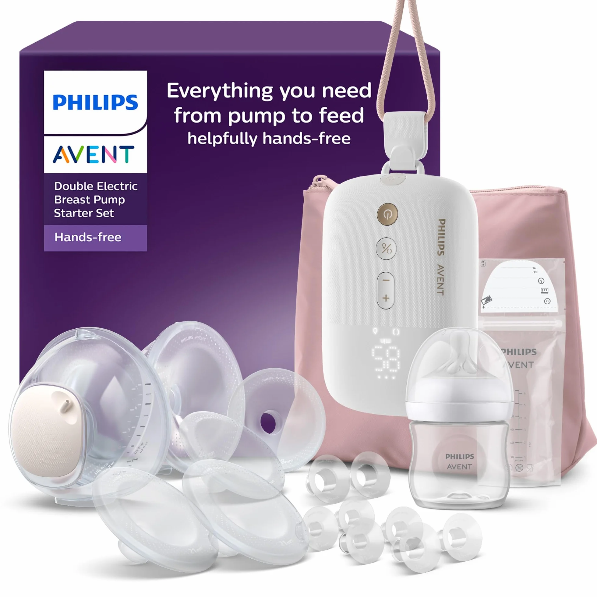 Philips Avent zestaw startowy laktatora niewymagający użycia rak, silnik klasy szpitalnej, naśladujący rytm picia dziecka, odciąganie do 85 razy na minutę, SCD553/11