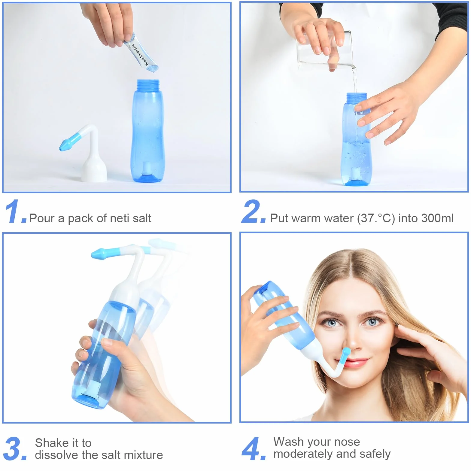 URAQT Neti Pot, zestaw do płukać nosa, butelka zatoka 240 ml z 40 pakietami soli, dla dorosłych i dzieci, ulga w zatokach