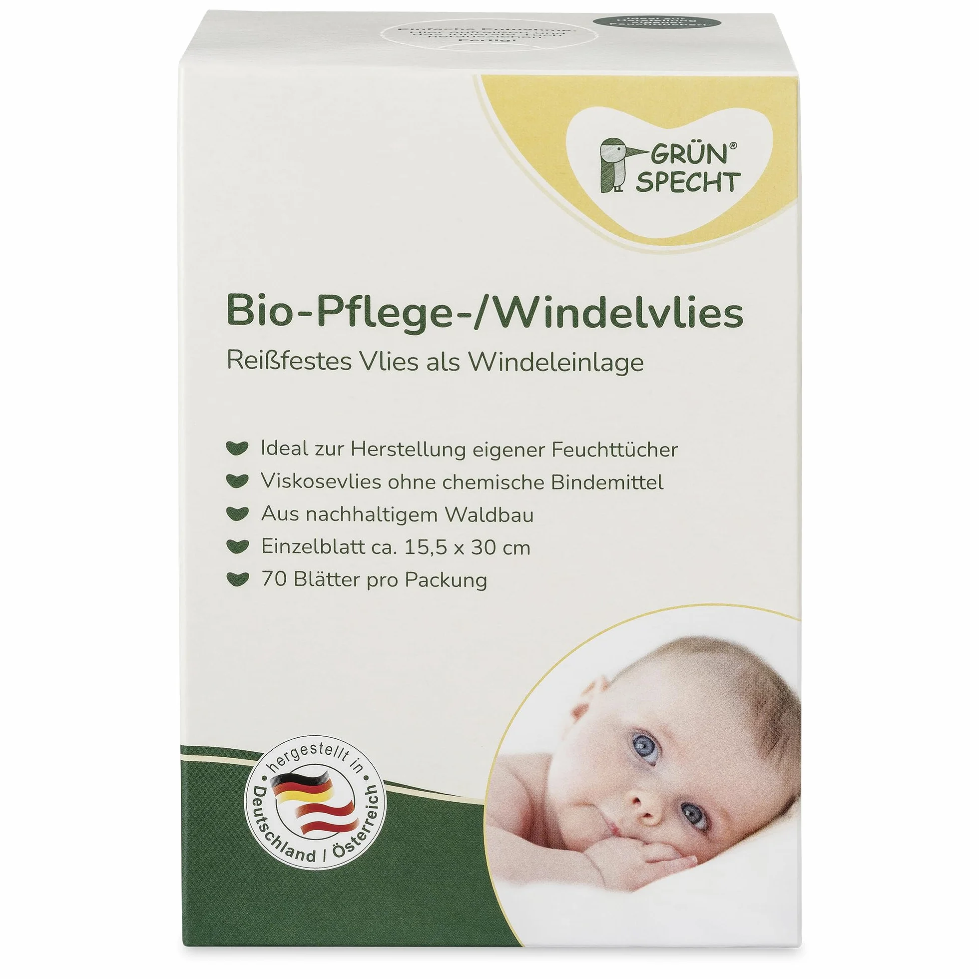 GRÜNSPECHT Włóknina ekologiczna, wkładka do pieluszek materiałowych, 100% biodegradowalna, miękka, odporna na rozerwanie i chłonna, system dozownika na stół do przewijania, 70 arkuszy (699-00)