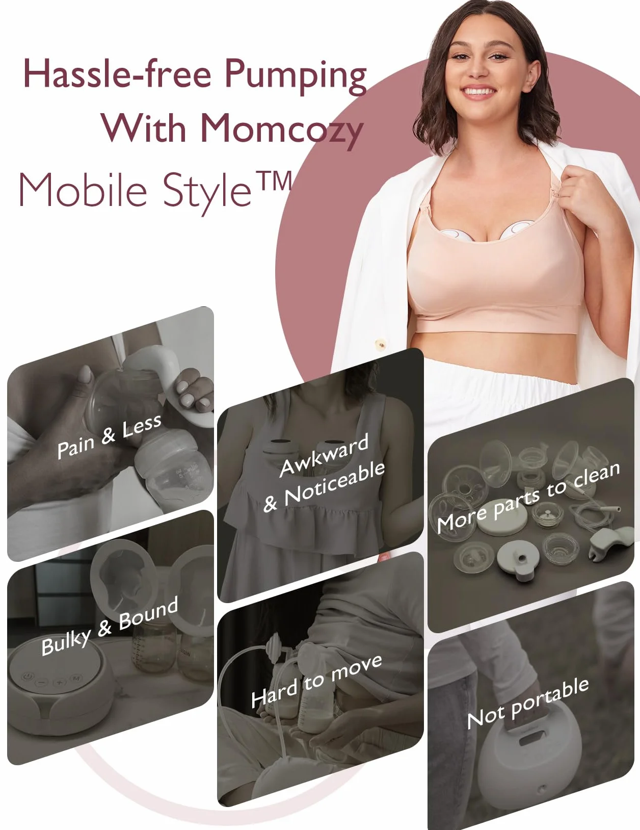 Momcozy M6 Laktator bez użycia rąk w stylu mobilnym | Laktator noszony na ciele, idealny rytm dla większej ilości mleka, podwójne dopasowanie kółka z więcej dopasowań i dyskretny z 3 trybami i 9