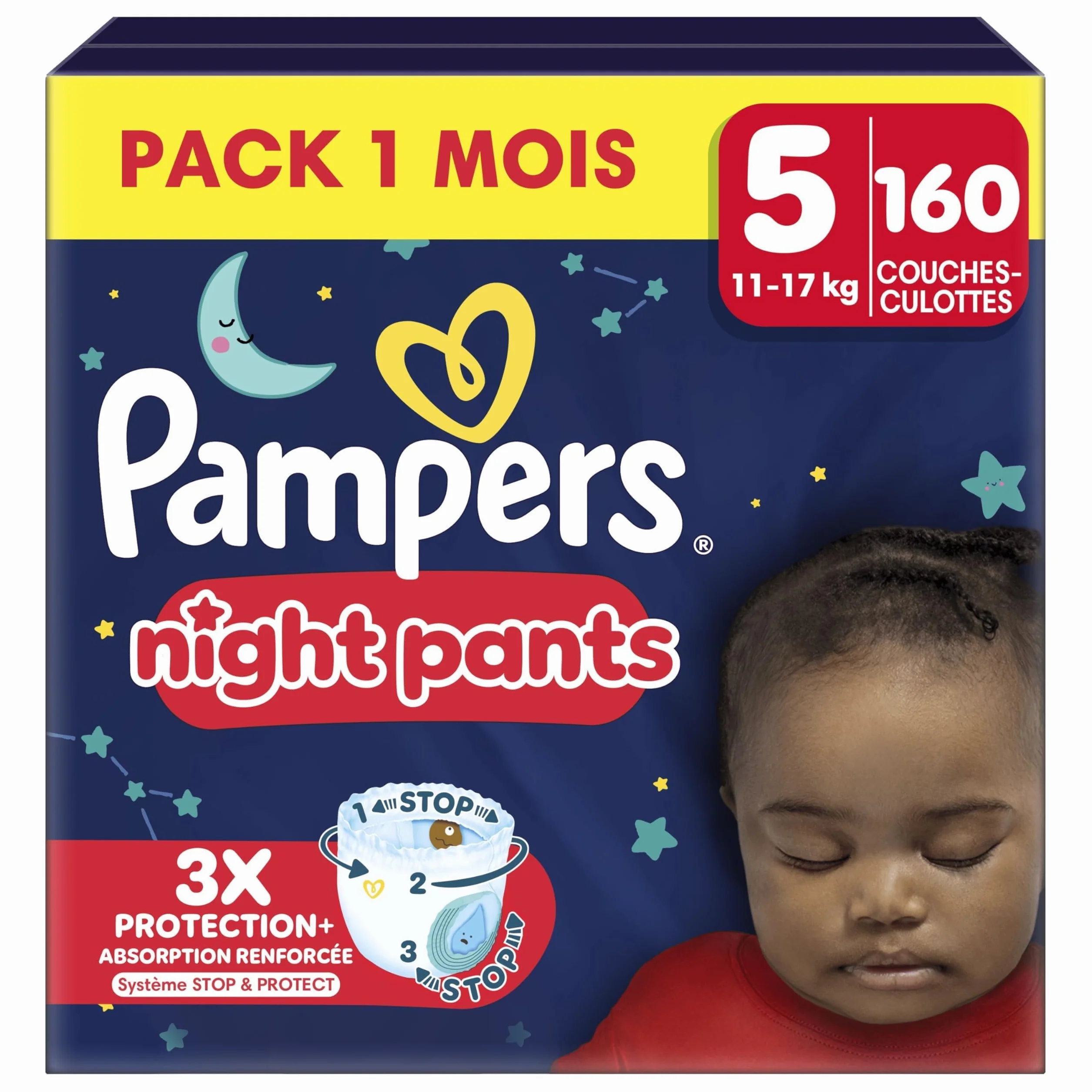Pampers, rozmiar 5, 160 pieluch-majtek, 12-17 kg, wsparcie przed wyciekiem 360° z super chłonnym sercem dla wzmocnienia ochrony przez całą noc, opakowanie 1 miesiąc