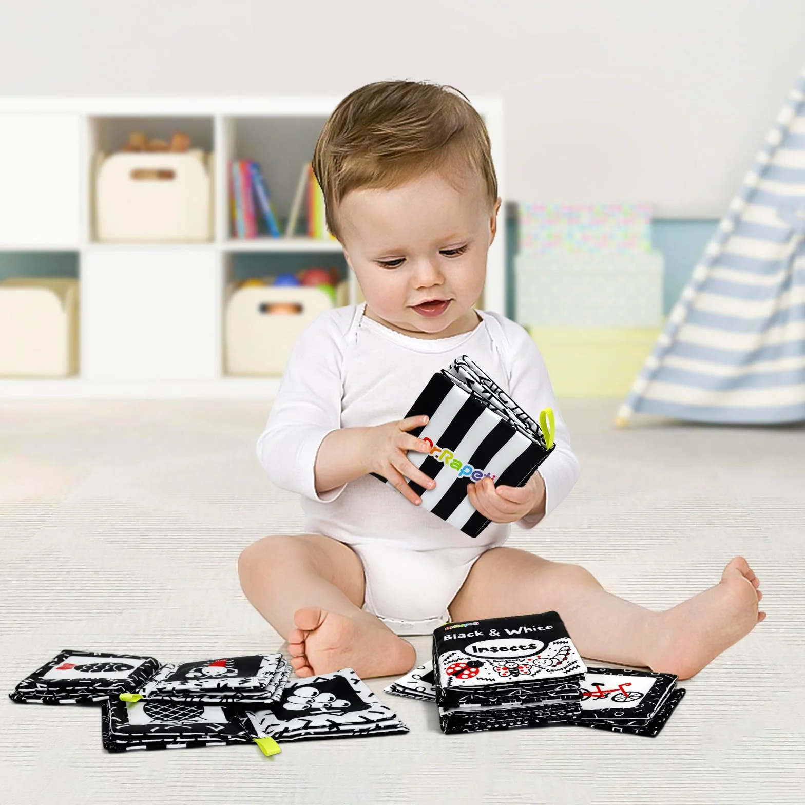 Dr.Rapeti 6 Pack Soft Baby Cloth Book Sensory Bath Crinkle Black White High Contrast Washable Nontoxic Educational Toy