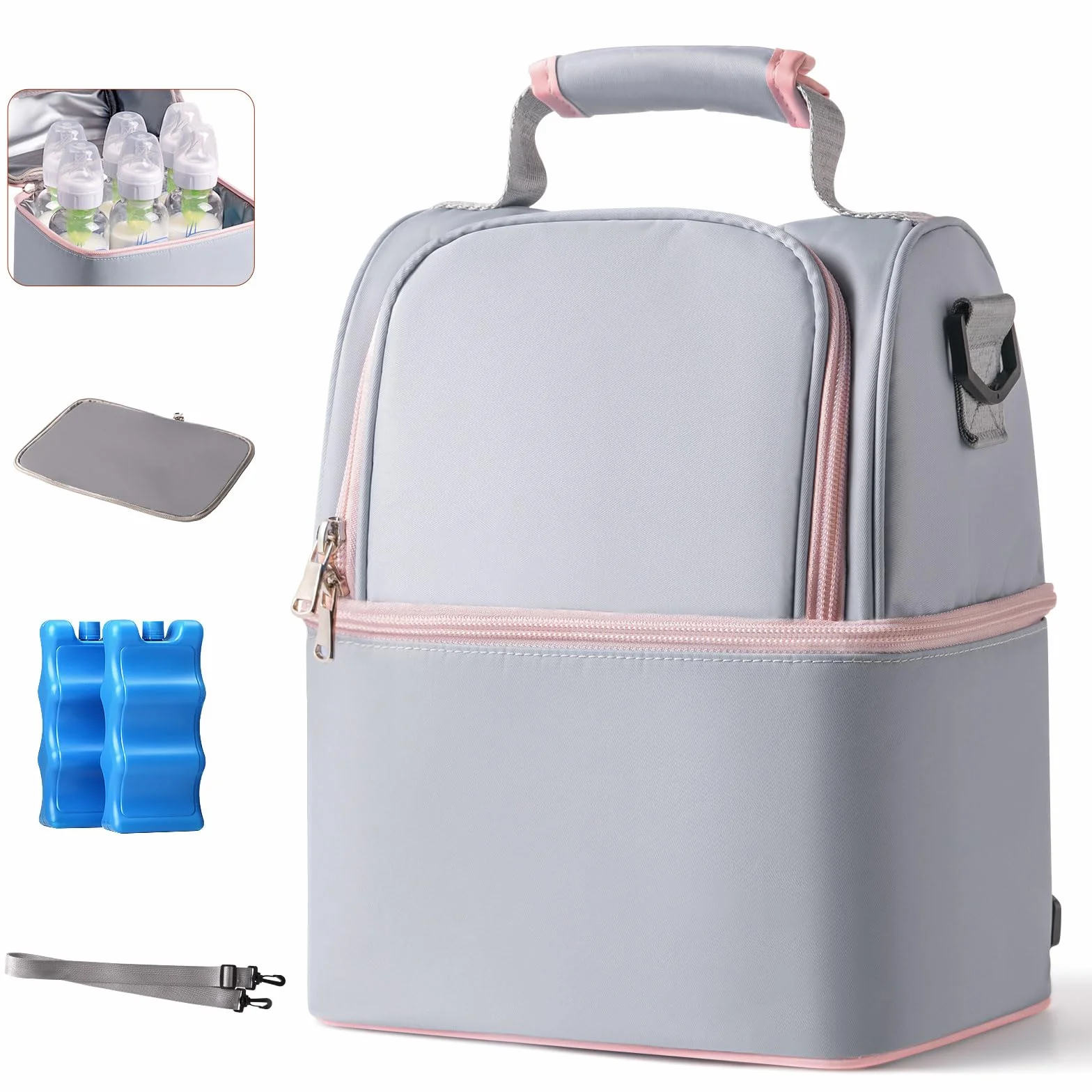 NCVI Torba chłodząca do mleka matki z opakowaniem na lód, szary, 3 Piece Set, Nowoczesny