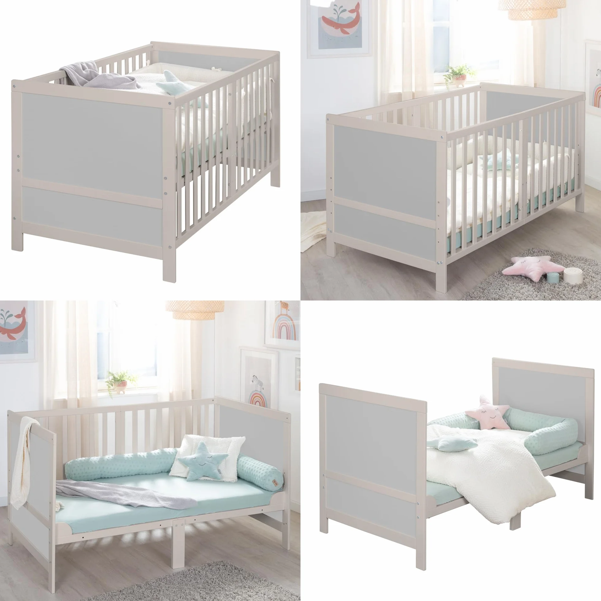 roba Łóżeczko EASY SLEEP 70 x 140 cm z wliczonymi narożnikami do przebudowy - Rośnie razem z dzieckiem, 3-stopniowa regulacja wysokości - 3 wyjmowane szczebelki - Drewno Naturalne/Szare