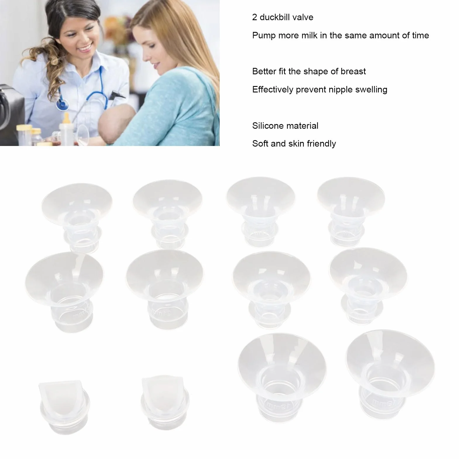Zestaw 10 szt. Wkładek do Kołnierzy Laktatora, Nadający się do Noszenia Silikonowy Kołnierz do Laktatora z Zaworem Bez BPA i Kaczym Dziobem 13 Mm 15 Mm 17 Mm 19 Mm 21 Mm, łatwe