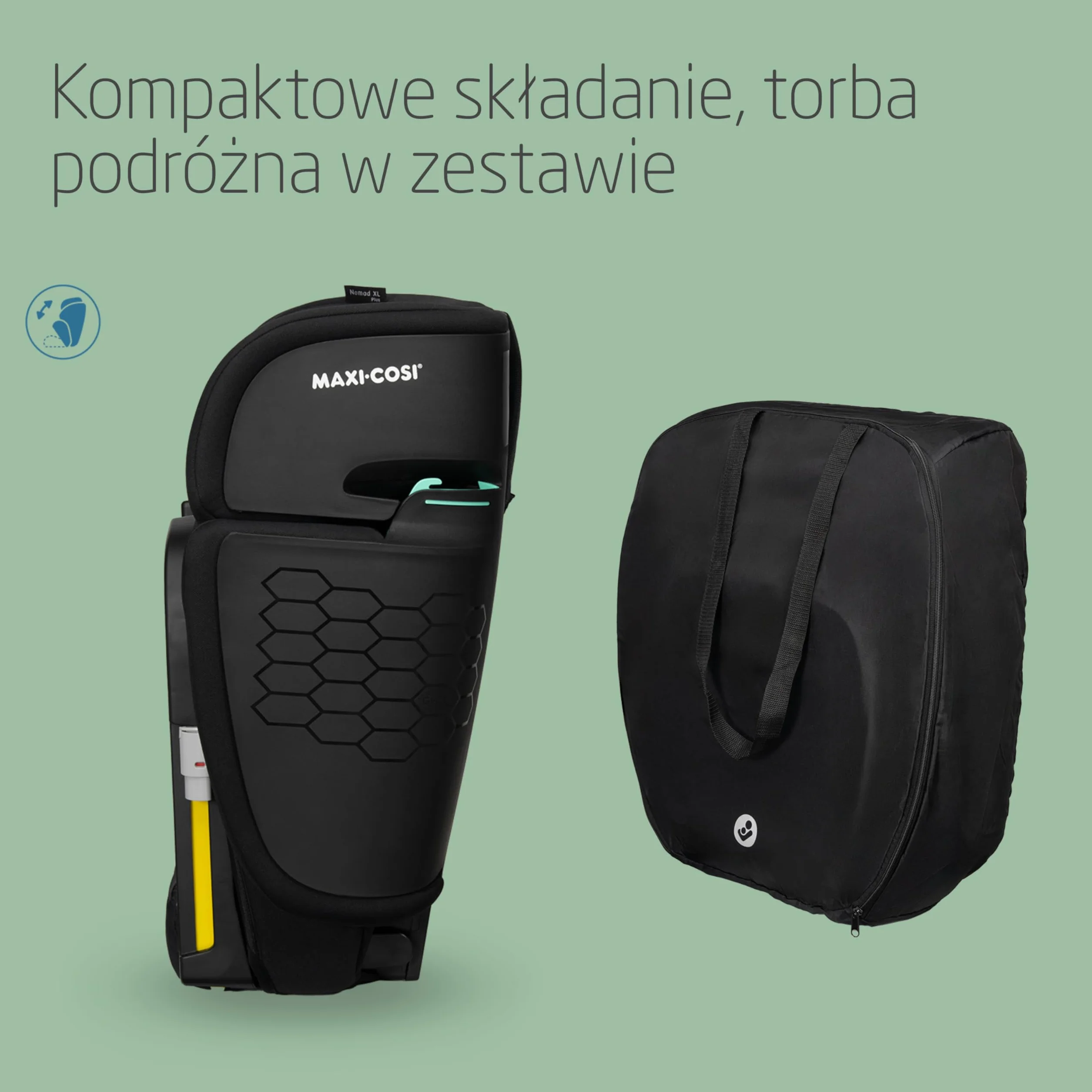 Maxi-Cosi Nomad XL Plus, Ewolucyjny Fotelik Samochodowy, 15 miesięcy - 12 lat, 76-150 cm, Składany, Podróżny Fotelik Samochodowy, System Ochrony Bocznej G-CELL, Torba Podróżna, Authentic Black