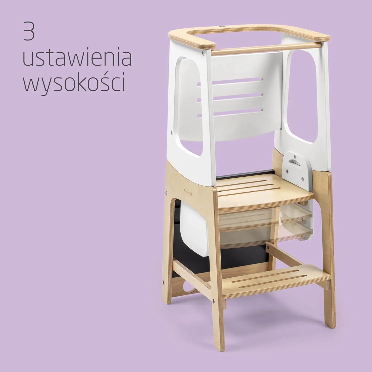 Maxi-Cosi Toucan 3 w 1 Wieża Edukacyjna dla Niemowląt, Montessori Pomocnik Kuchenny Drewniany, 1,5–99+lat, 10–150kg, 3 Ustawienia Wysokości, Stolik+Krzesełkiem, FSC® 100% Certyfikowanego, Natural Wood