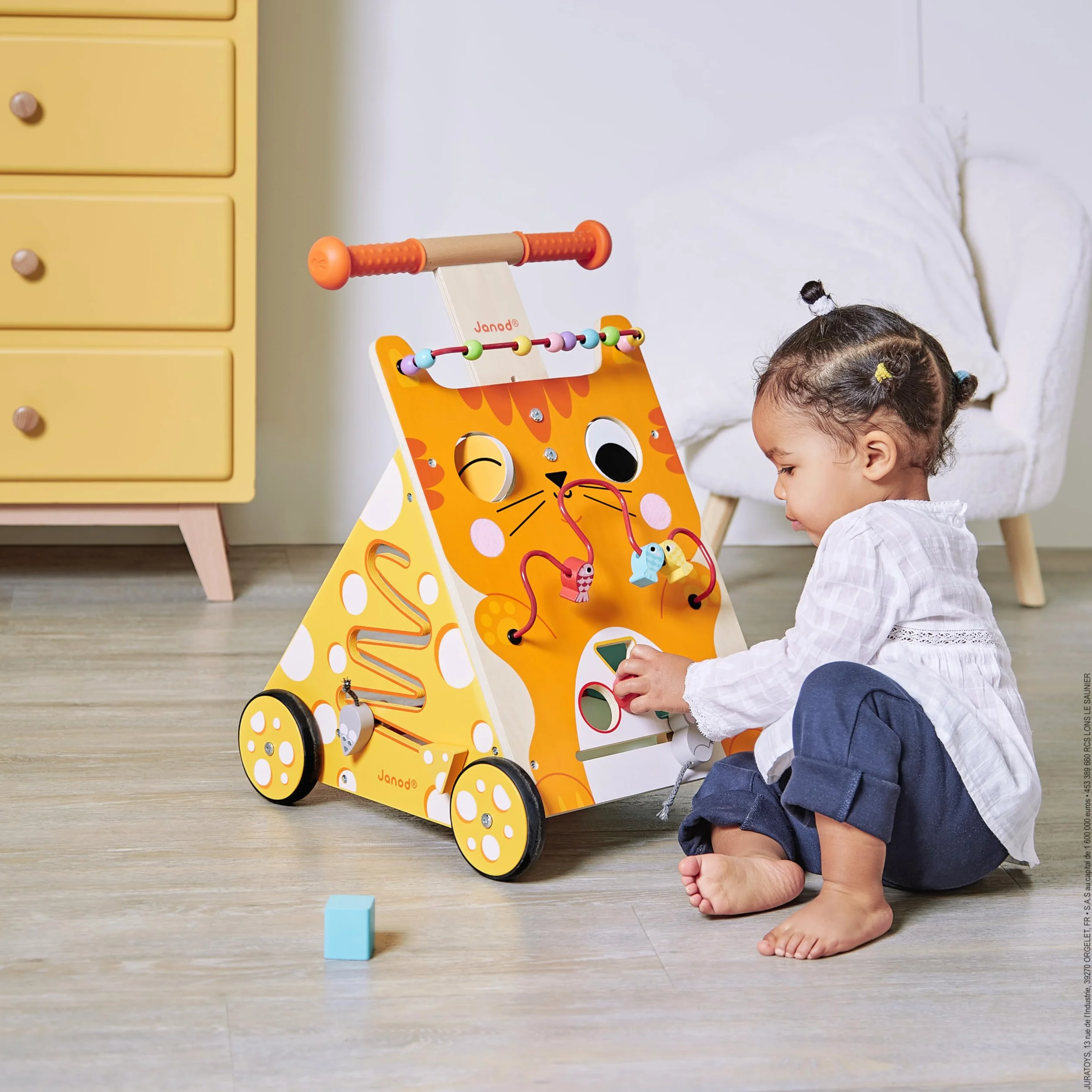 Janod Wooden Activity Baby Walker Cat - Push Along Toy with Brake and Height Adjustable Handle - First Steps, Learning to Walk - From 12 Months Old, J08005