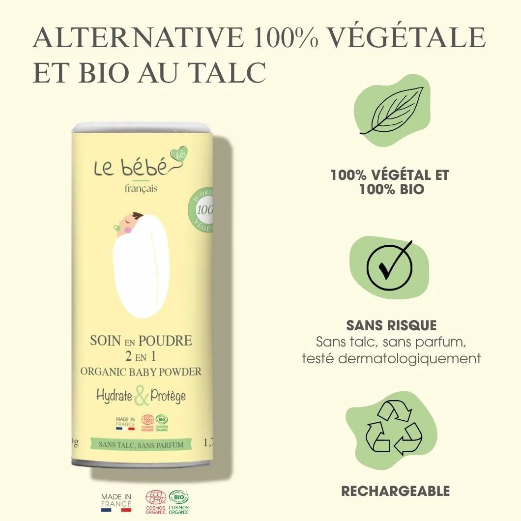Francuskie dziecko, Organiczny proszek 2 w 1, Nawilżająca i Ochronna Pielęgnacja, Alternatywa dla roślin bez talku, 100 g