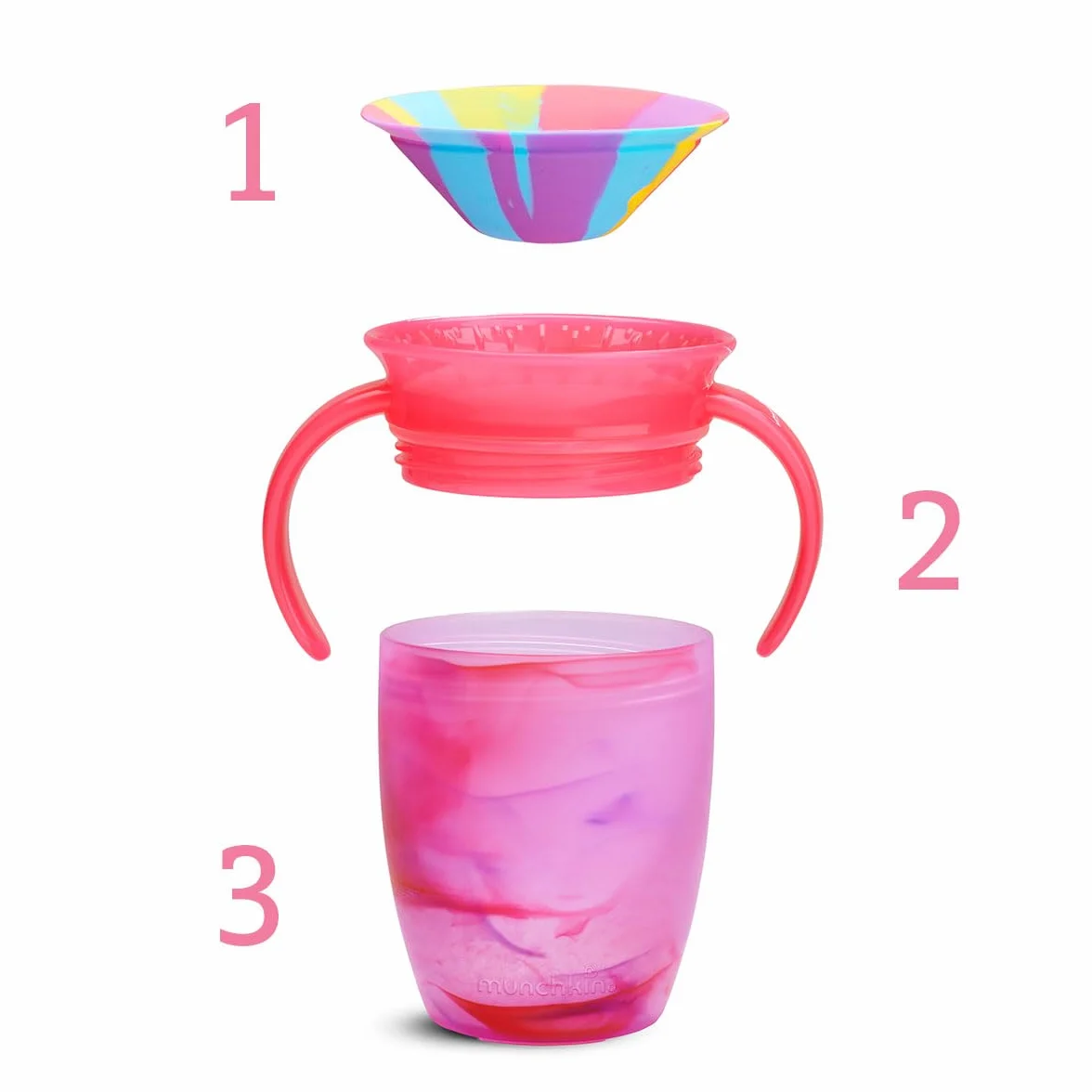 Munchkin Miracle 360 Baby Cups, kubek dla dzieci o swobodnym przepływie dla dzieci, kubek treningowy, bez BPA, butelka wody, 12 miesięcy, 10 uncji / 296 ml, 2 sztuki, żółty i różowy