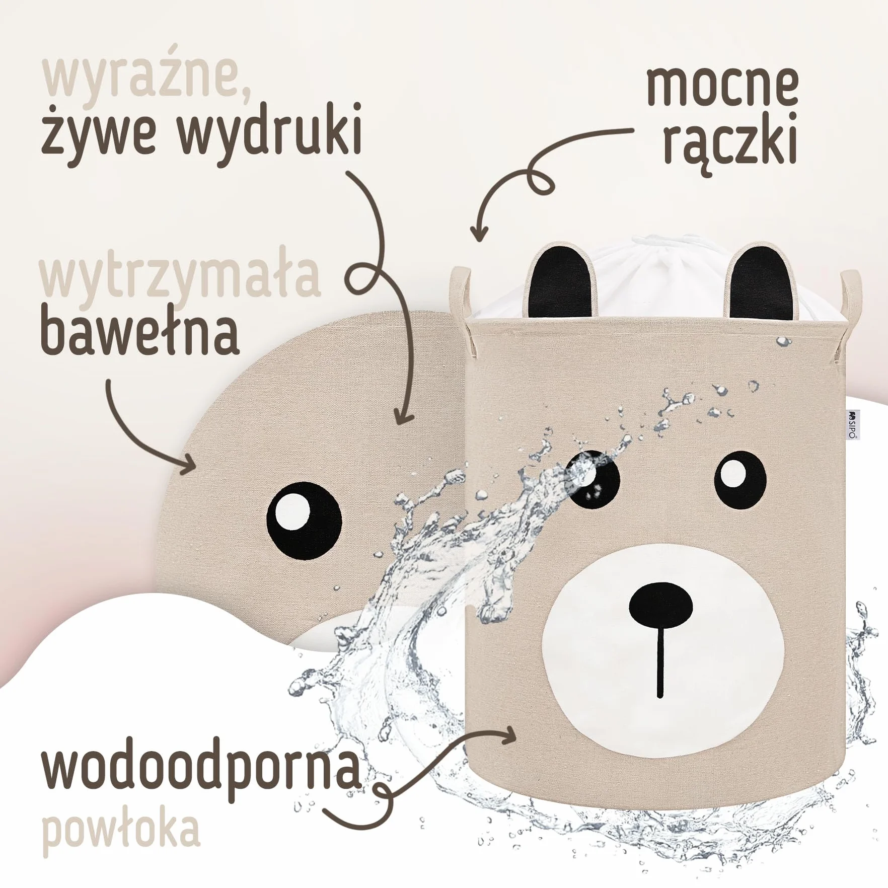 SIPO Kosz Do przechowywania Zabawek Do Pokoju Dziecięcego Bawełniany Składany Wodoodporny Na pranie Organizer Na Zabawki Zamykany Na Ściągacz z Uchwytami Beżowy Miś Duży Rozmiar XL Neutralny