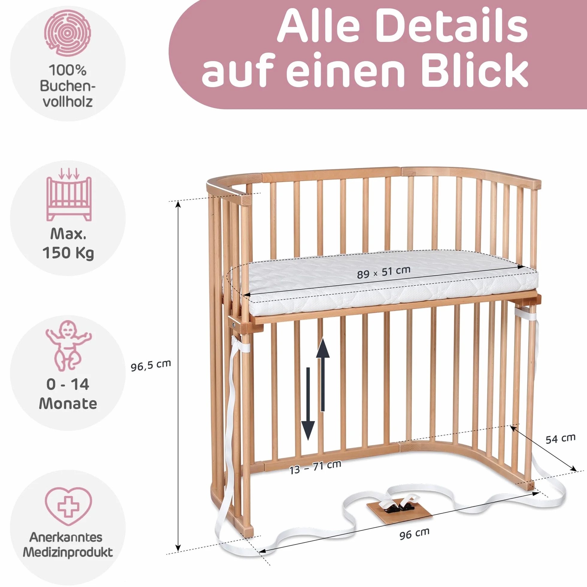 Cododo Babybay Boxspring z litego drewna bukowego I Bezstopniowa regulacja wysokości do łóżeczka dziecięcego z regulacją i ekologicznie rozwijającego się wraz z dzieckiem, lakierowane naturalnie