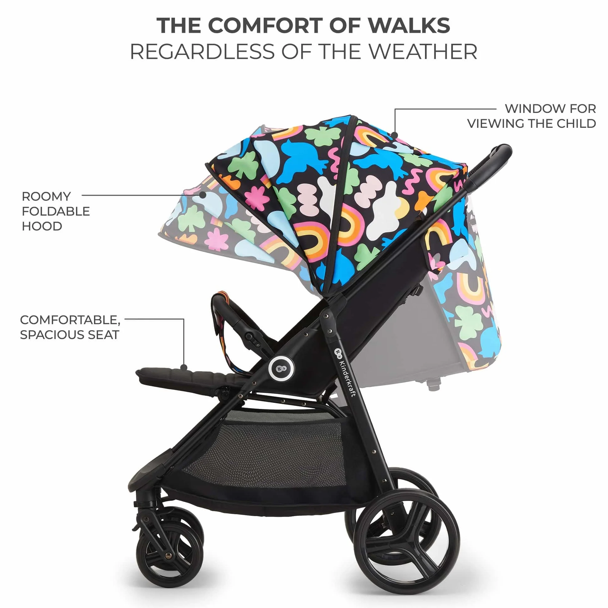 Kinderkraft GRANDE PLUS Wózek laskowy od urodzenia do 22 kg, składane jedną ręką, wydłużona pozycja, wysuwany kaptur, 4 amortyzowane koła, Happy Shapes