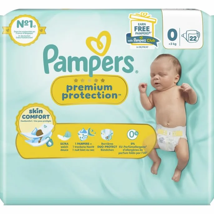 Pampers Premium Protection Rozmiar 0, 22 warstwy, 3kg, podwójna ochrona skóry i wycieków