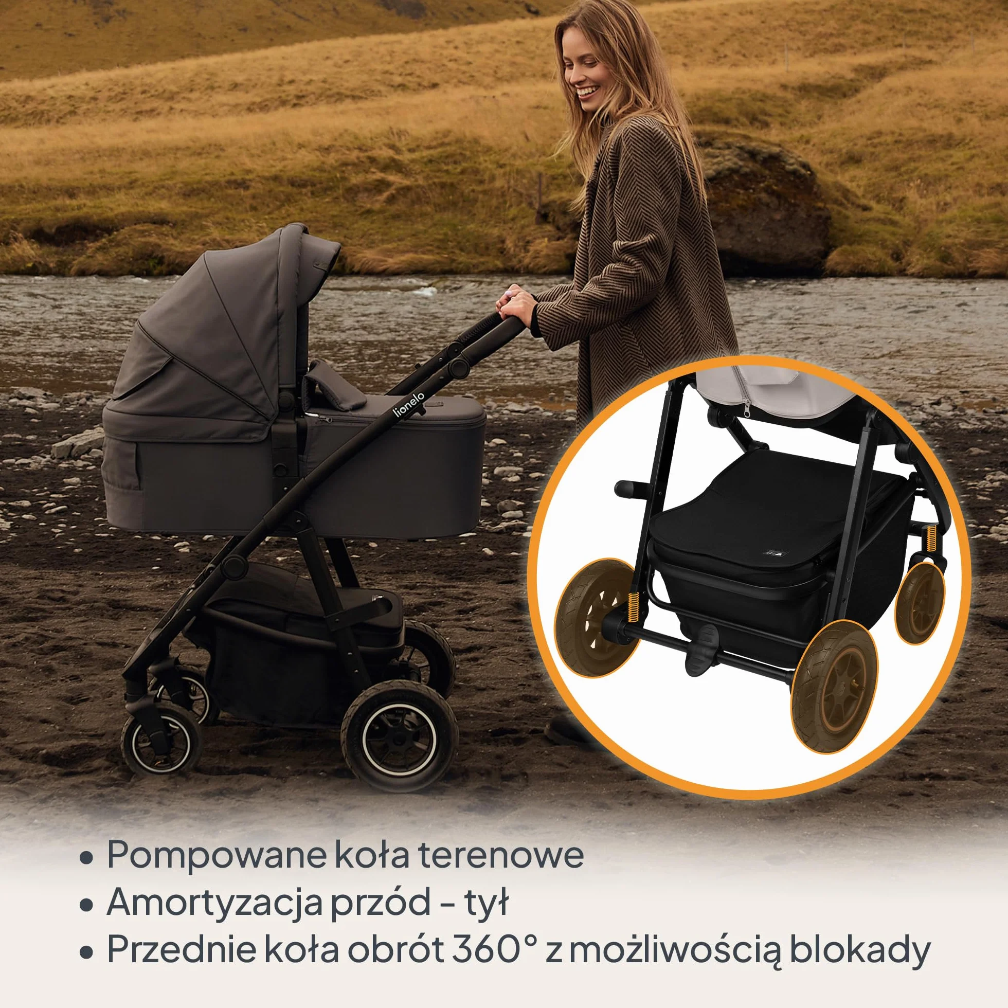 LIONELO AMBER PLUS 3w1 Wielofunkcyjny Wózek Dziecięcy od 0 do 4 lat do 22kg z Gondolą XL, Fotelik Samochodowy do 13kg, Regulacja Oparcia, Duże Terenowe Koła 360° Budka XXL