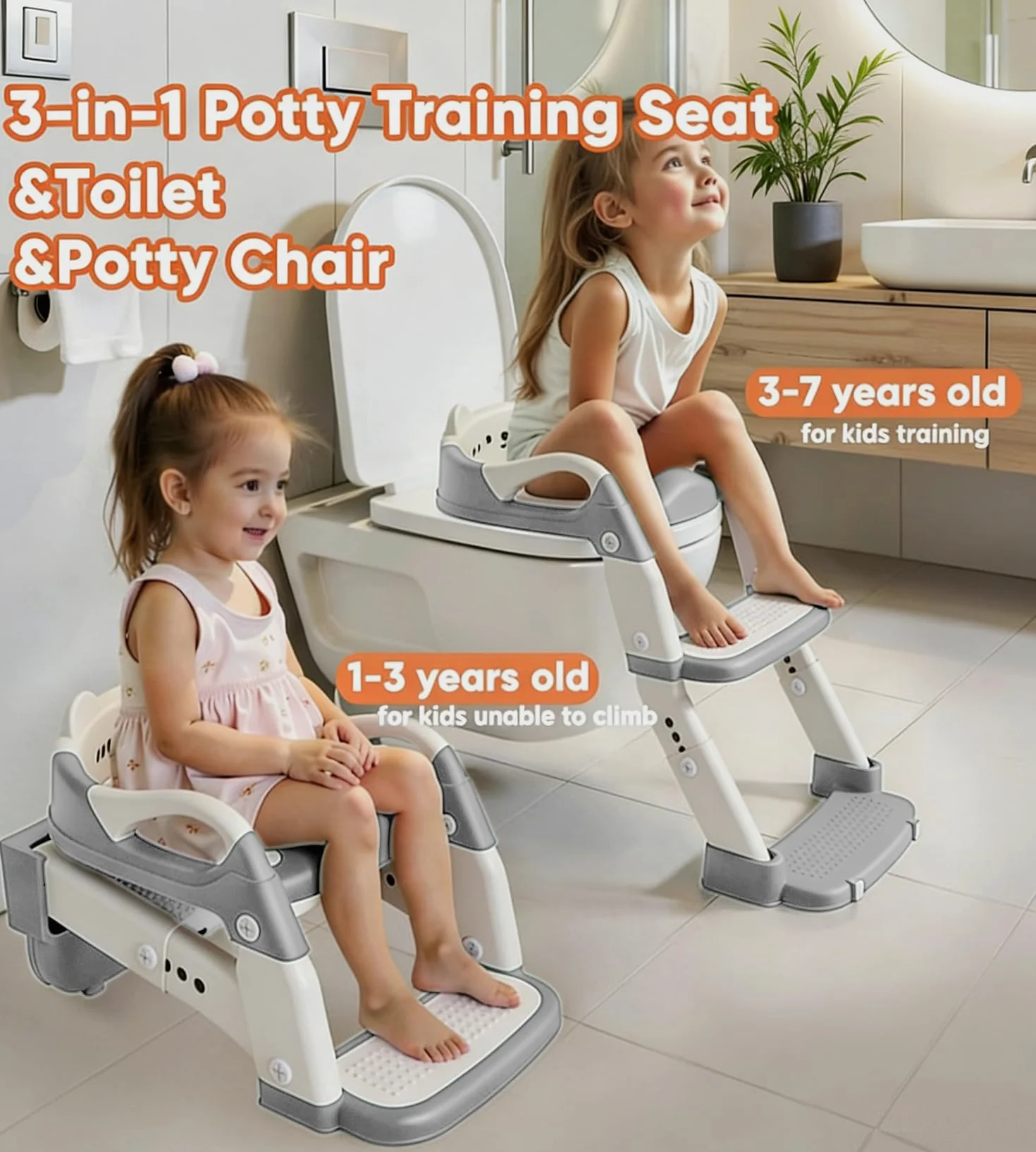 Deska sedesowa dla dzieci z schodkami, 3 w 1 składany schowek na toaletę dla dzieci, antypoślizgowa i wodoodporna, z osłoną przeciwrozplakaniu, deska sedesowa dla dzieci do samodzielnego treningu