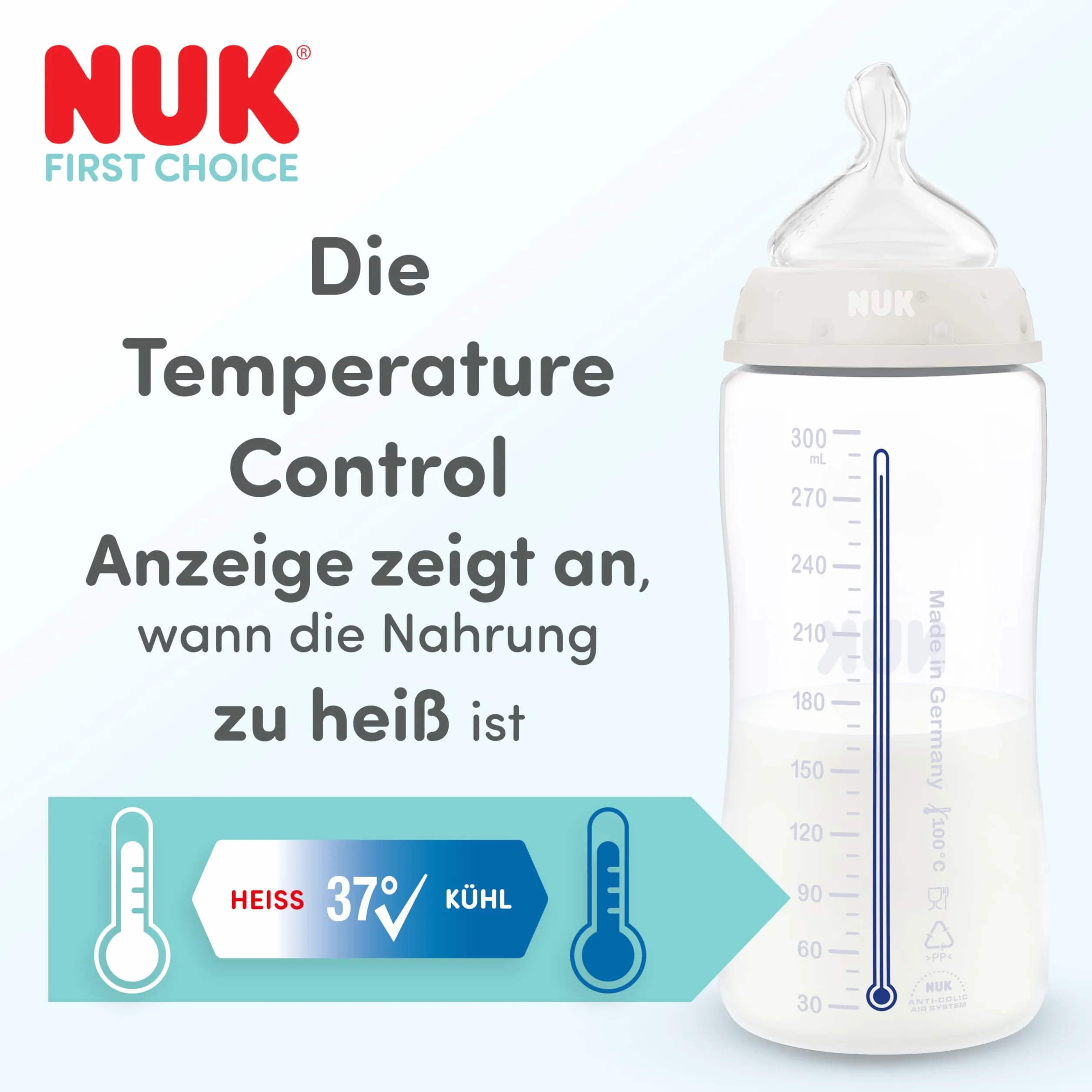 NUK First Choice Butelka dla niemowląt 300 ml PP przeciwkolkowa z wskaźnikiem temperatury 1 sztuka