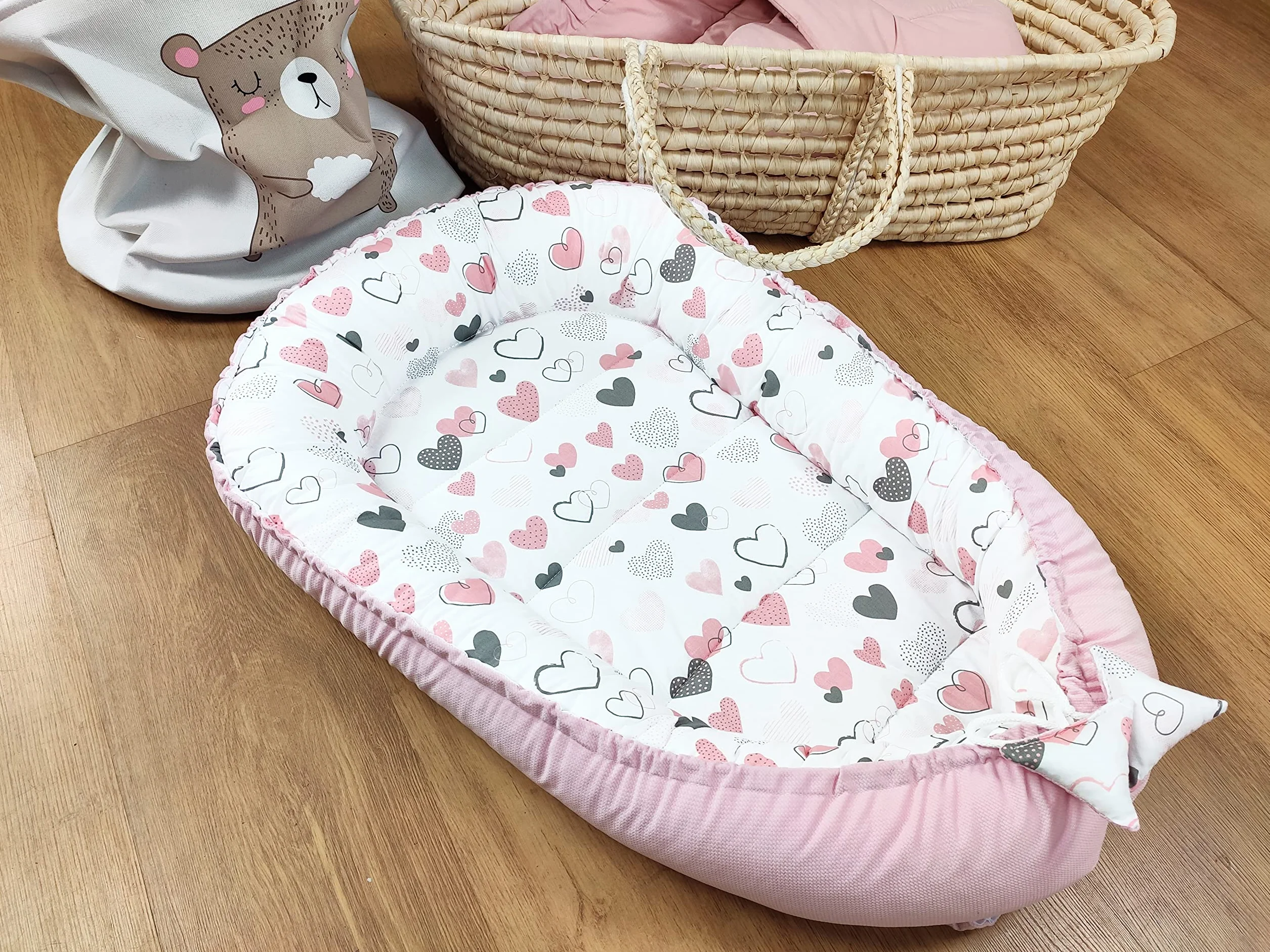 PIMKO Kokon dla niemowląt dwustronny antyalergiczny 90x55 cm bawełna aksamit różowe serca
