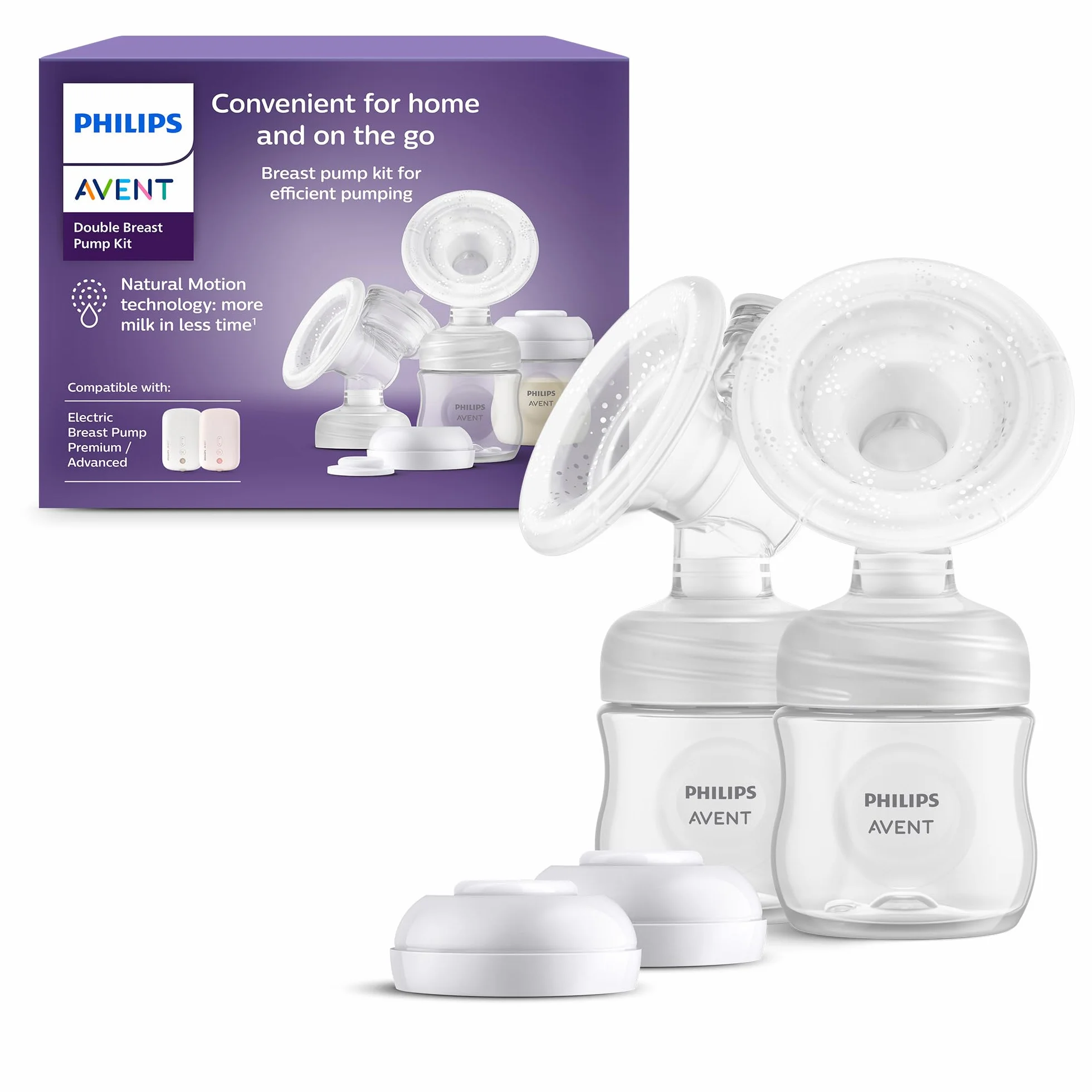 Philips Avent zestaw do podwójnego laktatora, bez części silnikowej, łatwe czyszczenie i montaż, 2 butelki, 2 dyski uszczelniające i 2 pierścienie mocujące do przechowywania pokarmu, model SCF335/12