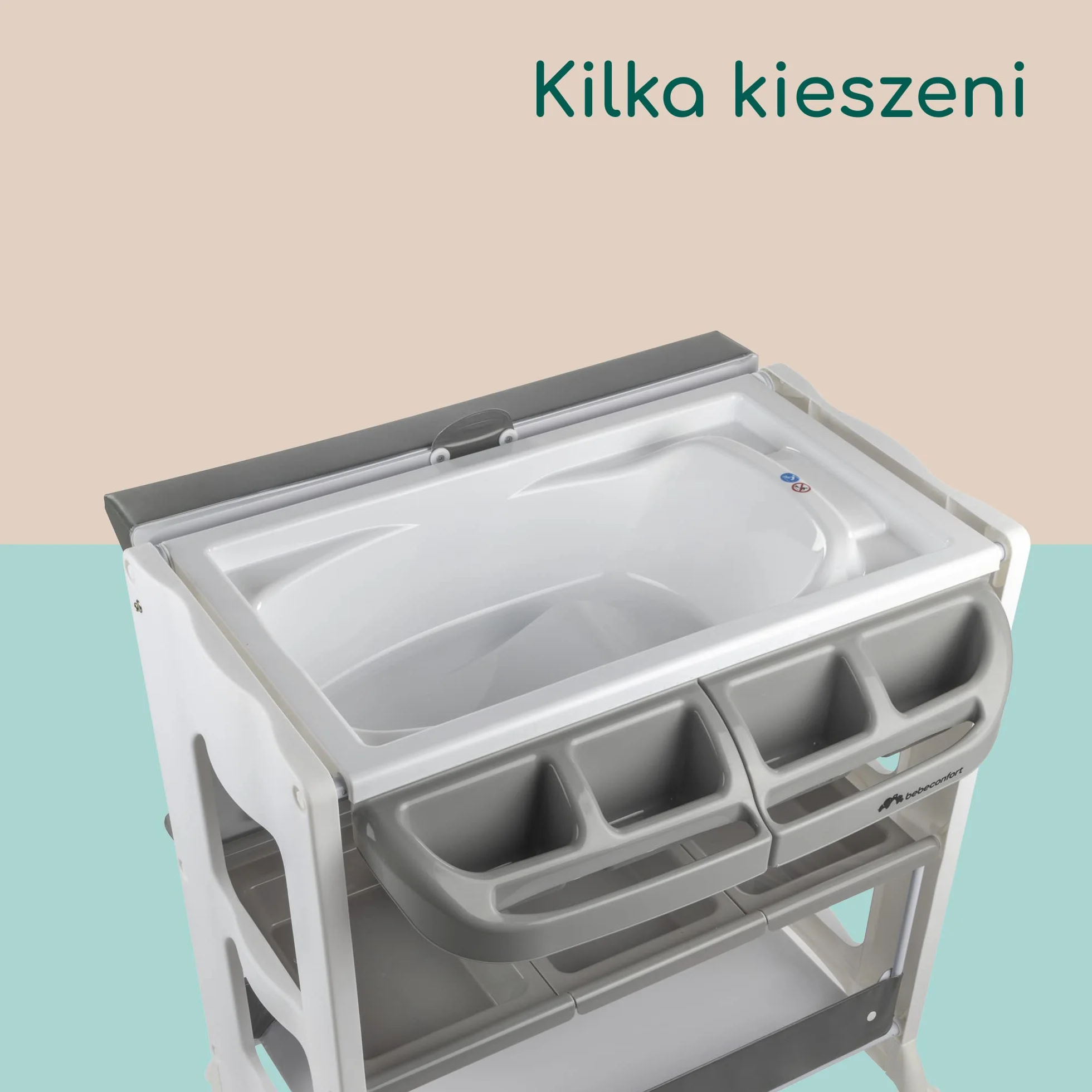 Bebeconfort Dolphy, Przewijak Dla Niemowląt 2 w 1, 0–12 Mies. (Maks. 11 kg), 4 Kółka do Łatwego Przemieszczania, Łatwe Przechowywanie, Kieszenie i Półka, Wyściełany Materac do Przewijania, Grey Mist