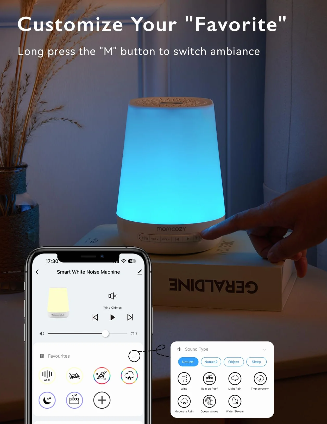 Momcozy White Noise Machine Urządzenie Wspomagające Zasypianie Niemowląt, Biały Szum z 34 Kojącymi Dźwiękami, 7 Kolorów Swiatła Nocnego, Terapia Dźwiękowa|Timer|Pilot Zdalnego Sterowania z Aplikacją