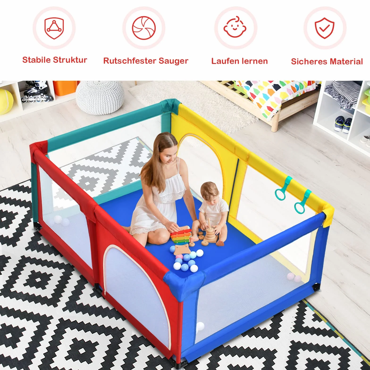 COSTWAY Kojec dla niemowląt 120 x 190 cm, z 50 piłkami do zabawy, kojec z oddychającą siatką i zamkiem błyskawicznym, kratka do raczkowania, 2 drzwi, namiot dla niemowląt i małych dzieci (kolorowy)