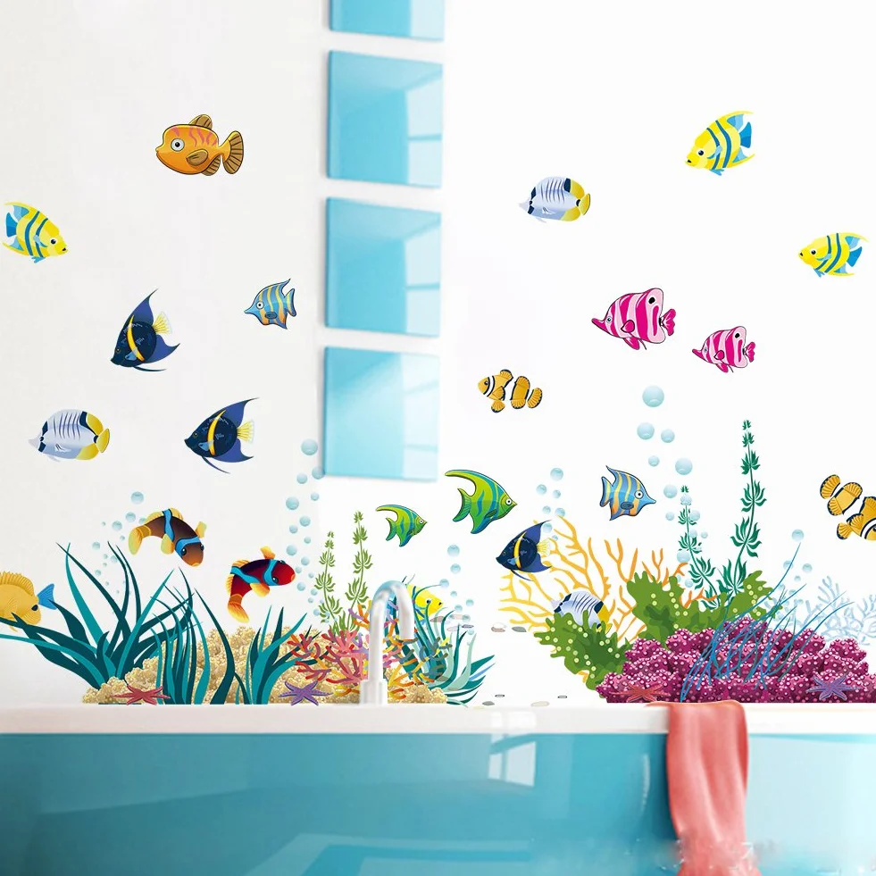 WandSticker4U® - Naklejki ścienne dla dzieci ZWIERZĘTA MORSKIE (130 x 42 cm) I winylowa naklejka ścienna łazienka ryba ocean podwodny świat I dekoracja łazienki płytki pokój dziecięcy duży