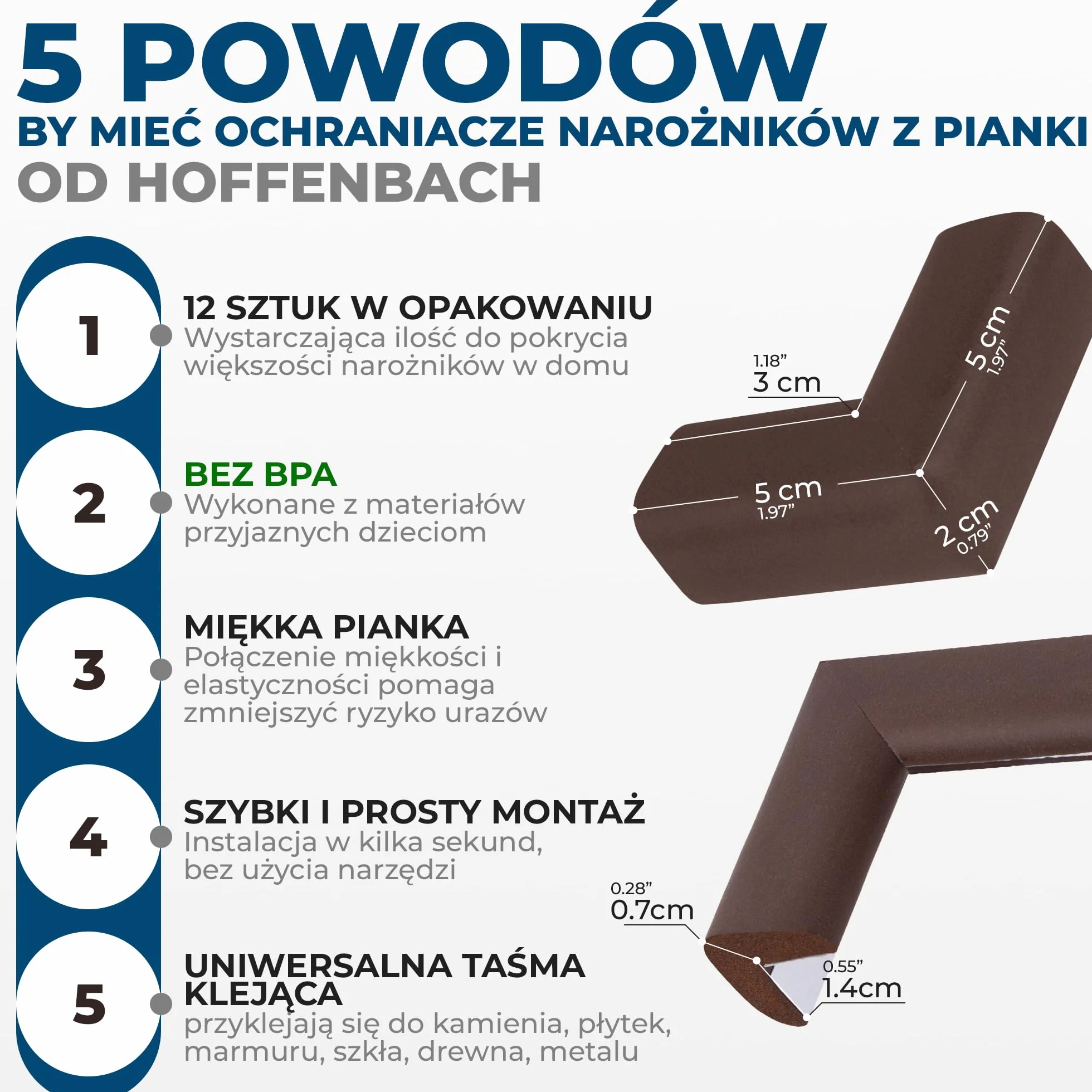 Hoffenbach Ochrona Narożników dla Dzieci – Samoprzylepna Ochrona Krawędzi Stołu i Mebli, Miękkie Narożniki Bezpieczeństwa, Brązowy