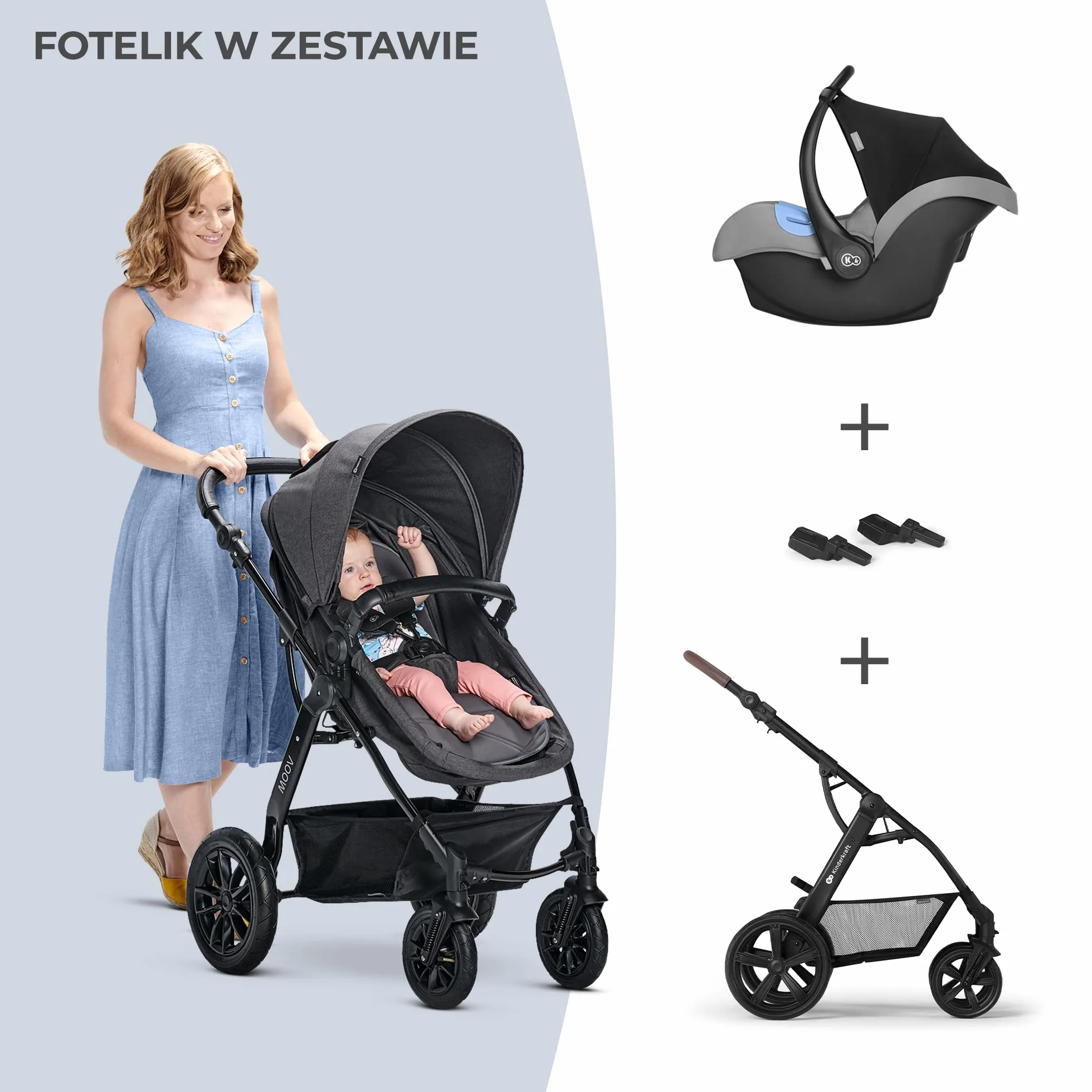 Kinderkraft MOOV 3w1 Wielofunkcyjny Wózek Dziecięcy Spacerówka Travel System Fotelik Samochodowy 22 kg Szary