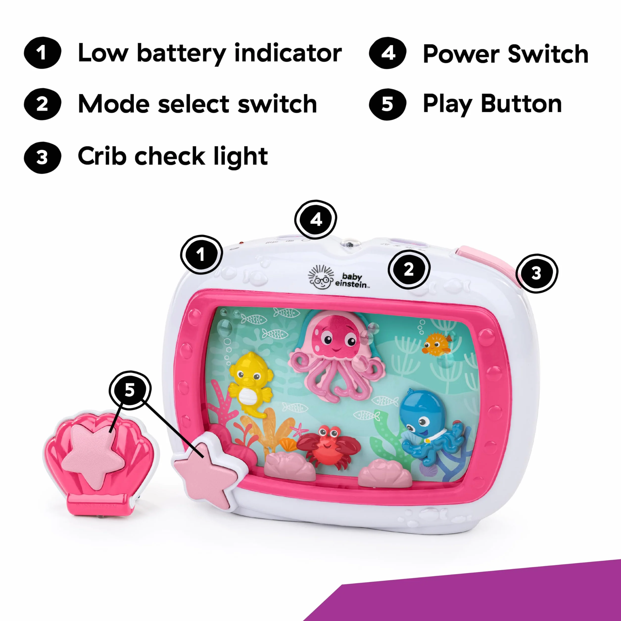 Baby Einstein Sea Dreams Soother automat dźwiękowy do spania i zabawka do łóżeczka dziecięcego z pilotem zdalnego sterowania, kojące światło nocne i białe szumy dla noworodka, dla spokojnego snu, 0+