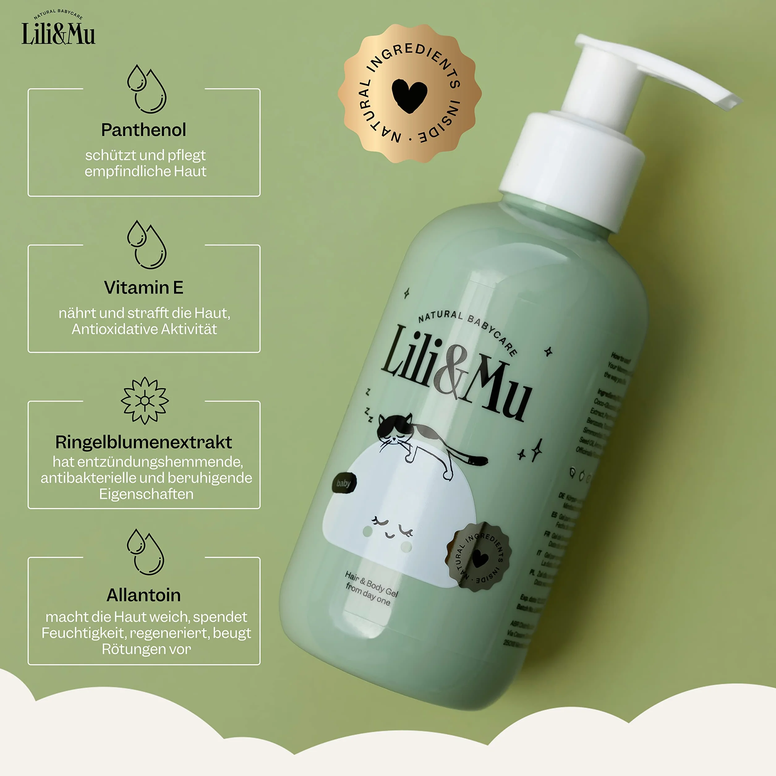 Lili&Mu Szampon i żel pod prysznic dla dzieci 200 ml | Żel pod prysznic dla dzieci z alantoiną, olejkiem jojoba i wyciągiem z nagietka