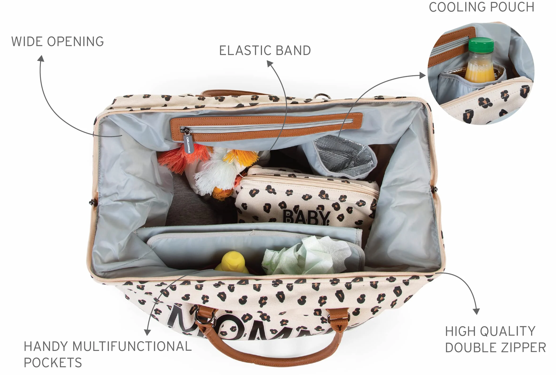 CHILDHOME, Mommy Bag, torba na pieluchy, dla kobiet w ciąży, torba podróżna, duża pojemność, mata do przewijania, regulowany pasek na ramię, izolowana kieszeń, przejście na walizkę, lampart