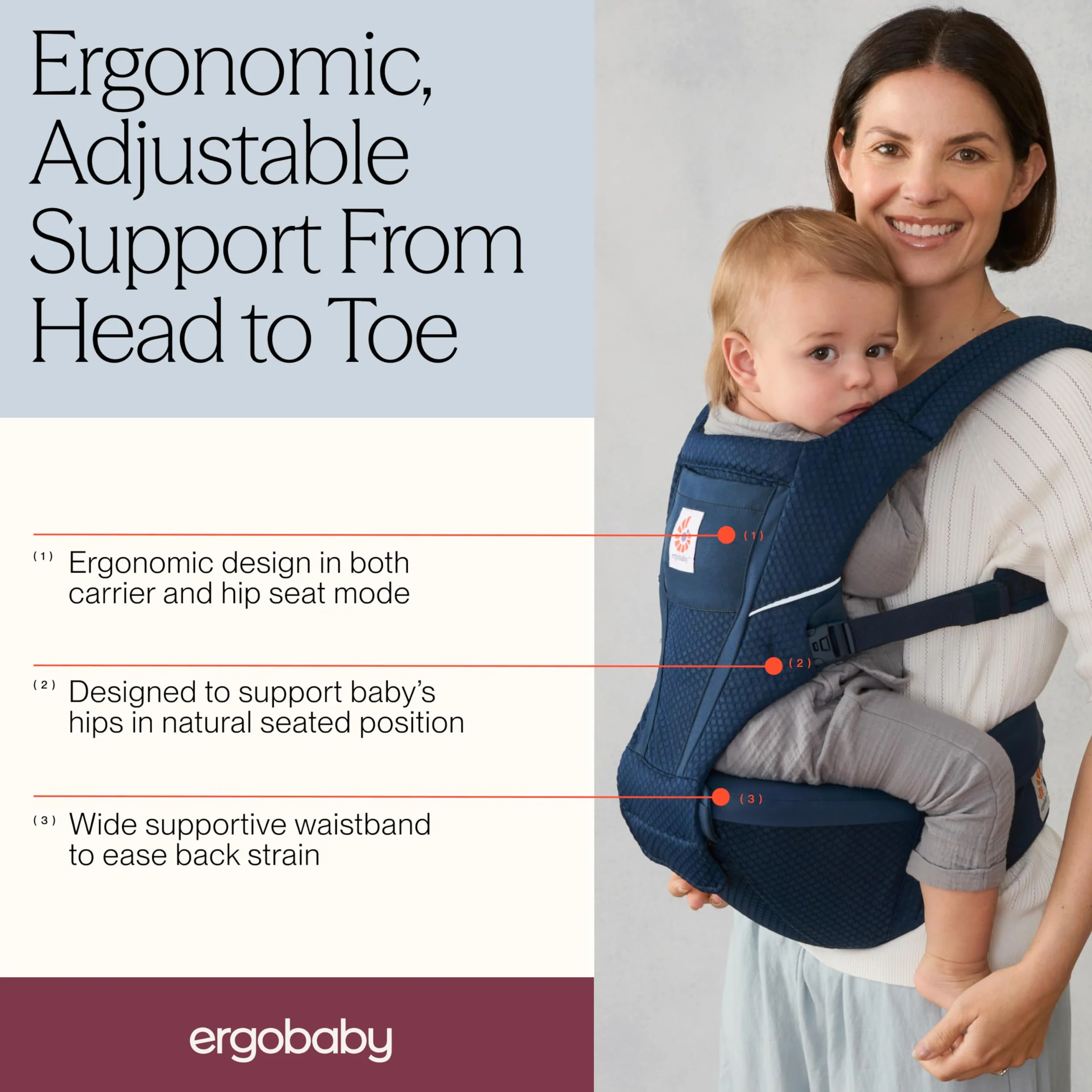 Ergobaby Alta Hip Seat nosidełko dla niemowląt z siedziskiem biodrowym dla niemowląt i małych dzieci od 4 miesięcy (5,5 kg – 20,4 kg), nosidełko biodrowe, z miękką siateczką SoftFlex