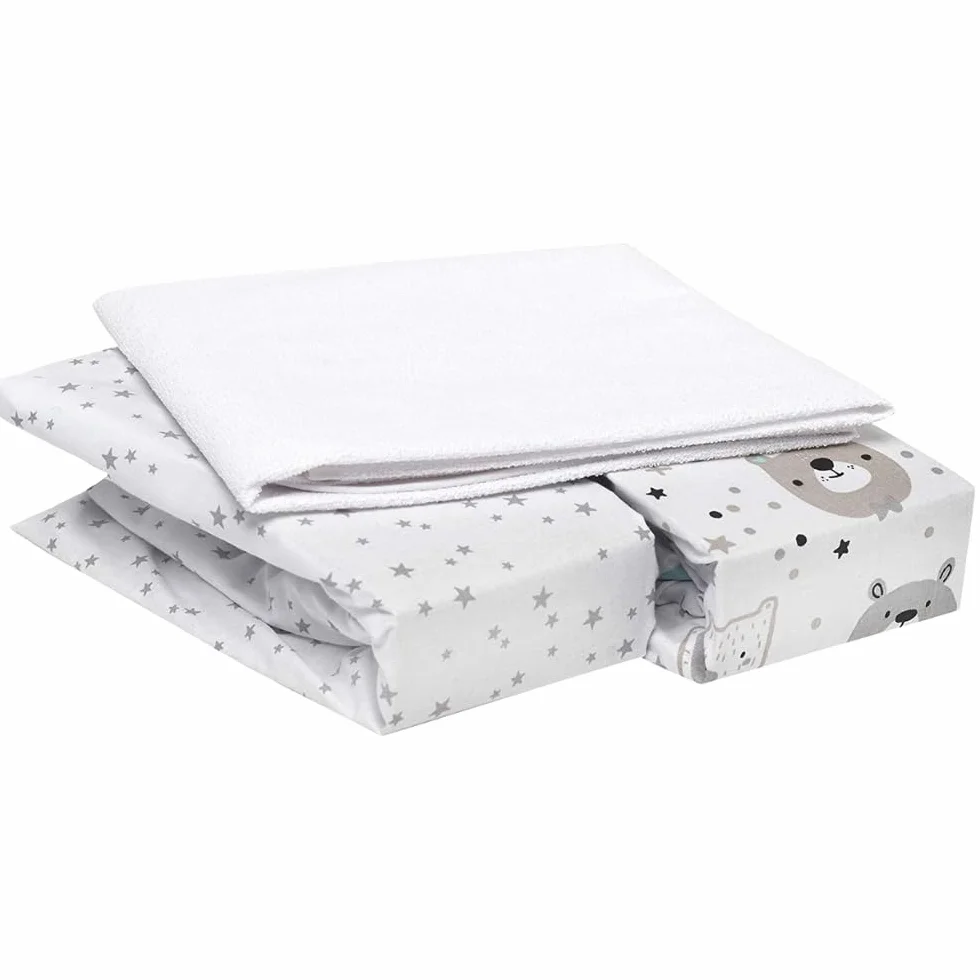 Flyideas 3-częściowy zestaw pościeli do łóżeczek nocnych – 2 bawełniane prześcieradła z gumką i 1 wodoodporny ochraniacz na materac 83 x 50 cm – hipoalergiczne, miękkie, oddychające prześcieradła do