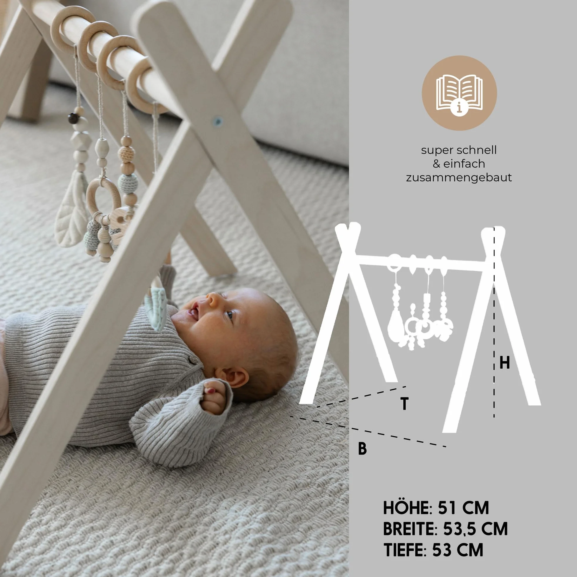 Drewniany łuk do zabawy BASIC dla niemowląt od urodzenia, Montessori Baby Gym, stabilna konstrukcja