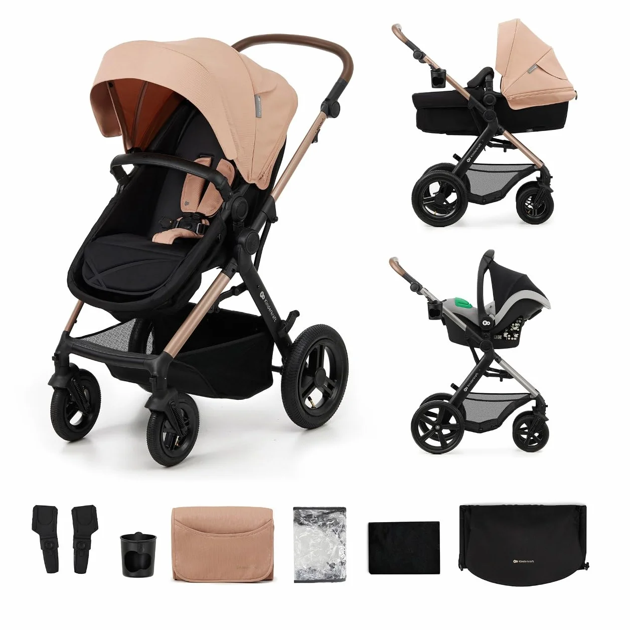 Kinderkraft MOOV 2 AIR 3 w 1 fotelik samochodowy Mink PRO I-Size system podróżny wózek dziecięcy krzesełko spacerowe składane od urodzenia do 3 lat Szary