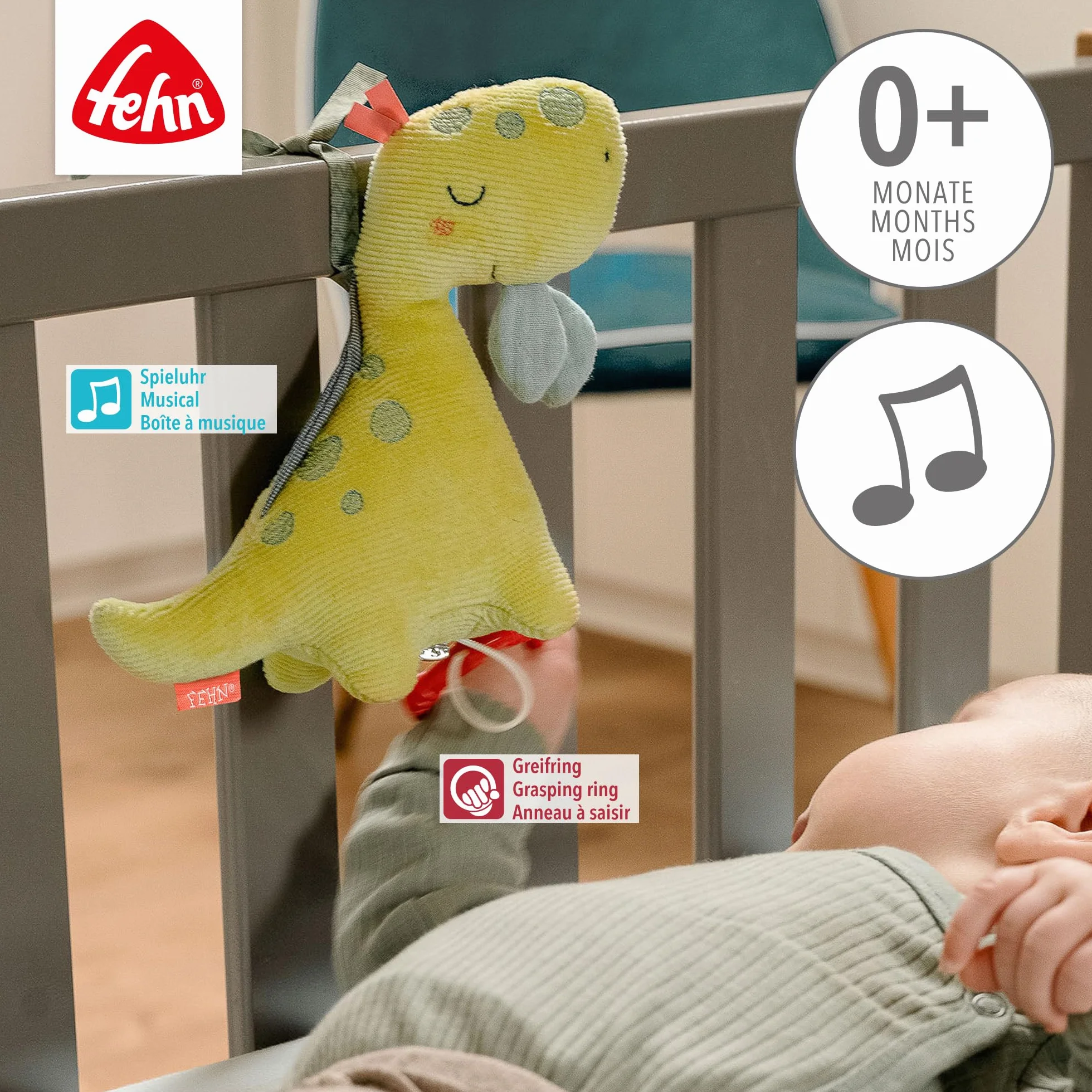 Fehn Mini-Spieluhr Dino – Kuscheltier & Einschlafhilfe mit Mozarts Wiegenlied für Babys & Kleinkinder