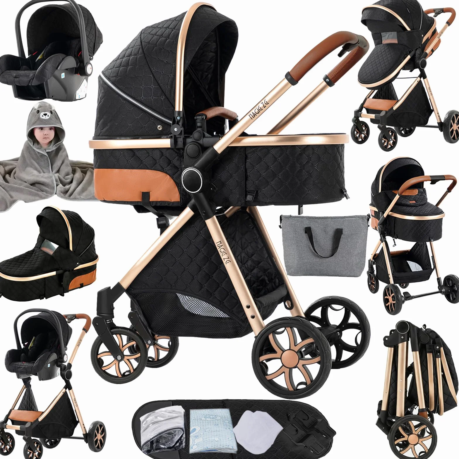 MoLi Trio wózek dziecięcy 3 w 1 składany aluminiowy 225 Black Gold