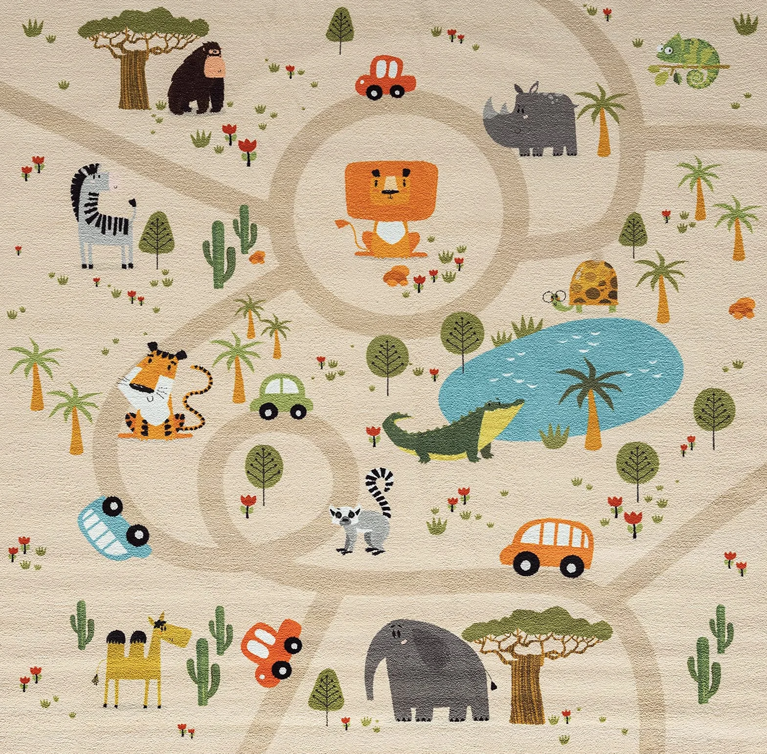 the carpet Happy Life - Pokój dziecięcy, dywan dziecięcy, mata do zabawy, można prać, dywan z drogami, drogi, dżungla, zwierzęta, samochód., Beżowy-1, 80 x 150 cm