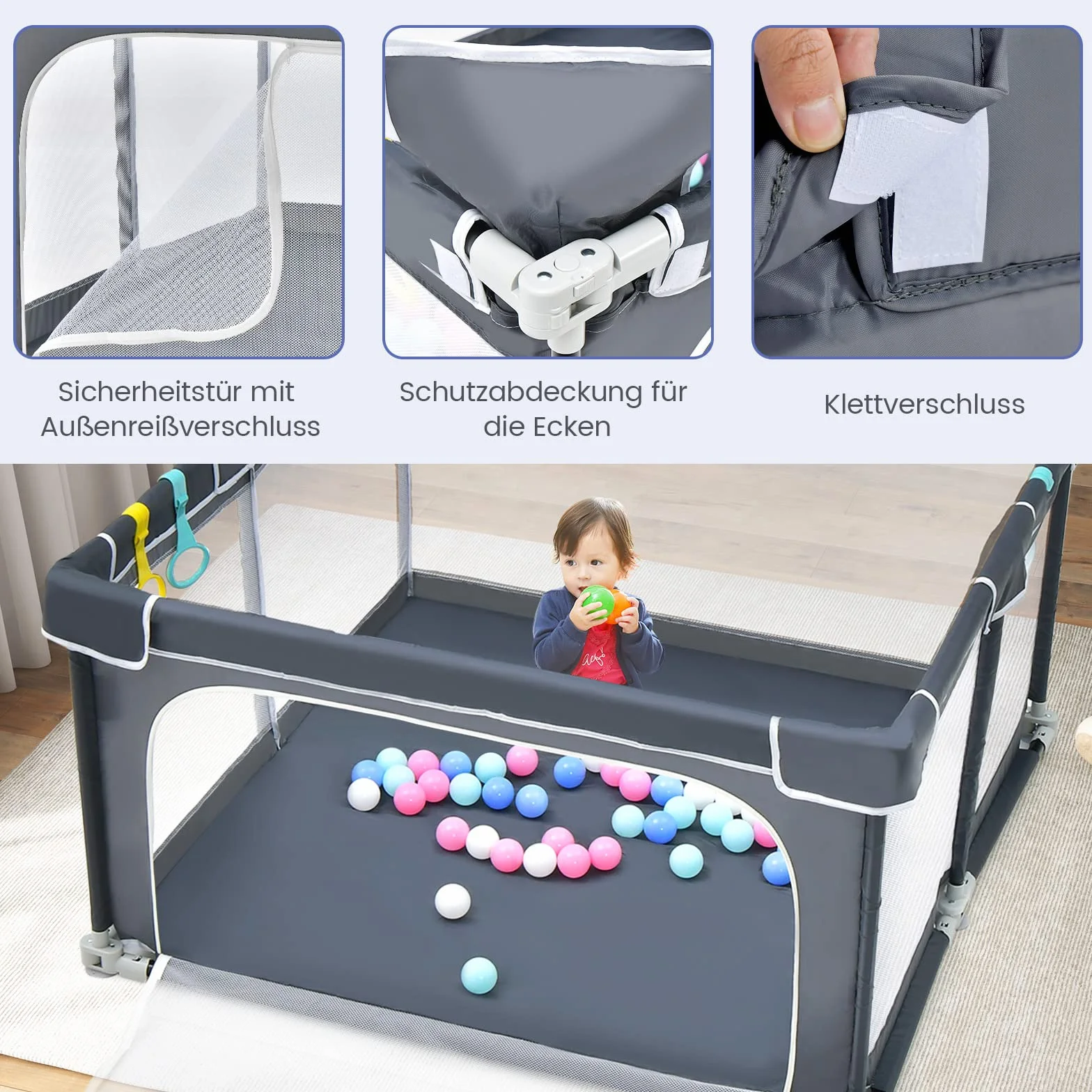 COSTWAY Kojec dla niemowląt 124 x 124 cm, składany, przenośny kojec z 50 piłkami, 4 uchwyty, funkcja blokowania, kratka do raczkowania ze ściankami z siatki i drzwiami, namiot dla niemowląt i dzieci