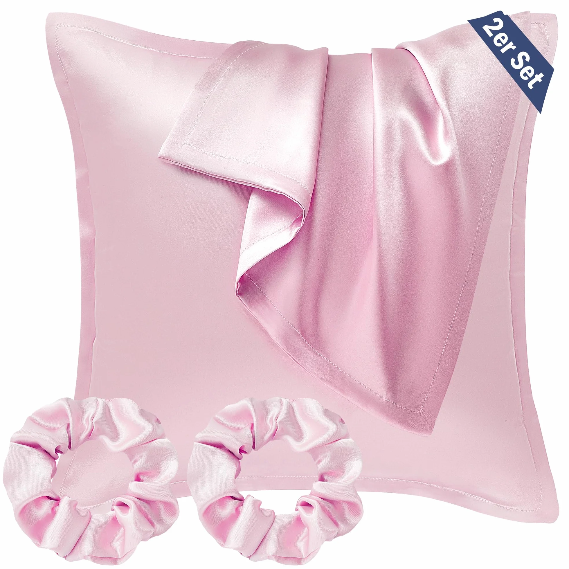 Zestaw 4w1: 2x Satynowa Poszewka 40x40cm + 2x Opaska | Certyfikat OEKO-TEX® | Miękki i Błyszczący Jak Jedwab | Ochrona Włosów | Pranie Maszynowe Różowy