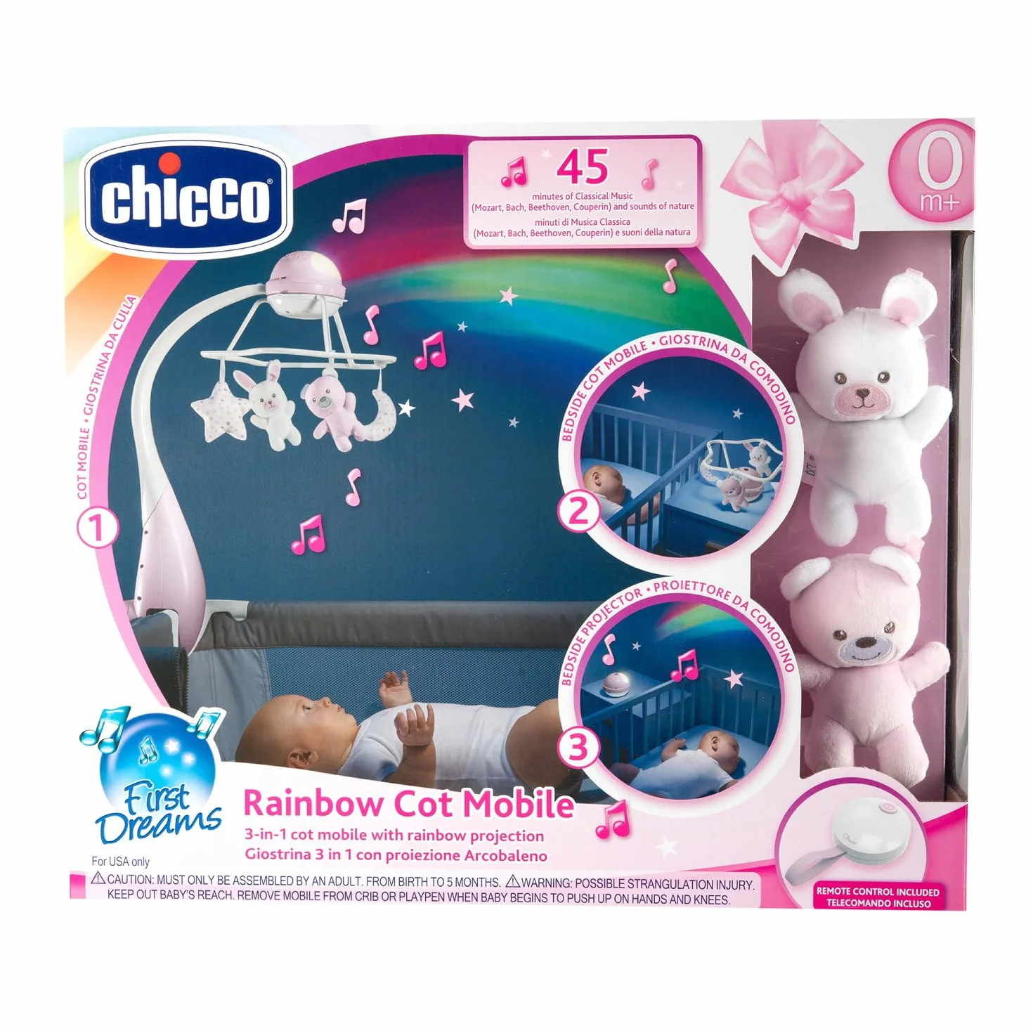 Karuzela Muzyczna First Dreams Rainbow, Ewolucyjna Karuzela dla Noworodków 3 w 1 z Relaksującymi Melodiami i Projekcją Tęczy, z 4 Miękkimi Zawieszkami, Kompatybilna z Kołyskami Next2Me, 0M+, Różowa