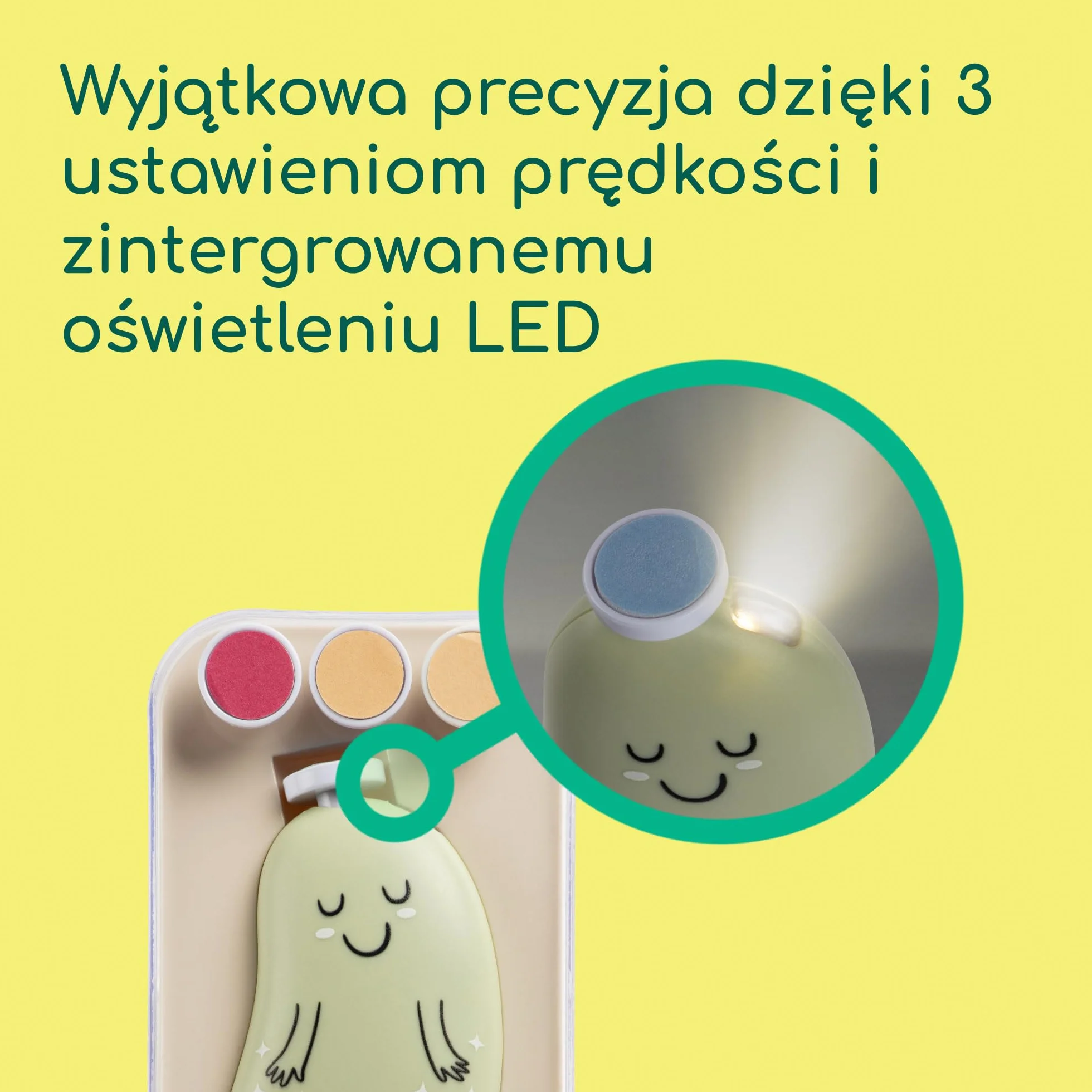 Bebeconfort Elektryczny Pilnik do Paznokci dla Dzieci, 7 Pilniki, USB-C, 3 Prędkości, LED, Zielony
