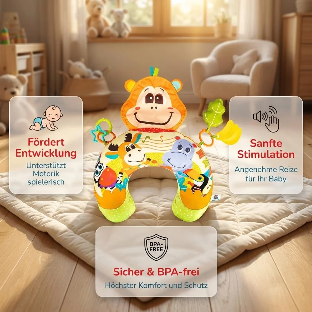 BALIBAZOO Tummy Time poduszka do zabawy dla niemowląt, bez BPA, sensoryczna poduszka na brzuch z papierem trzaskającym, gryzakiem, piszczeniem i grzechotką – idealna do wspierania pozycji na brzuchu