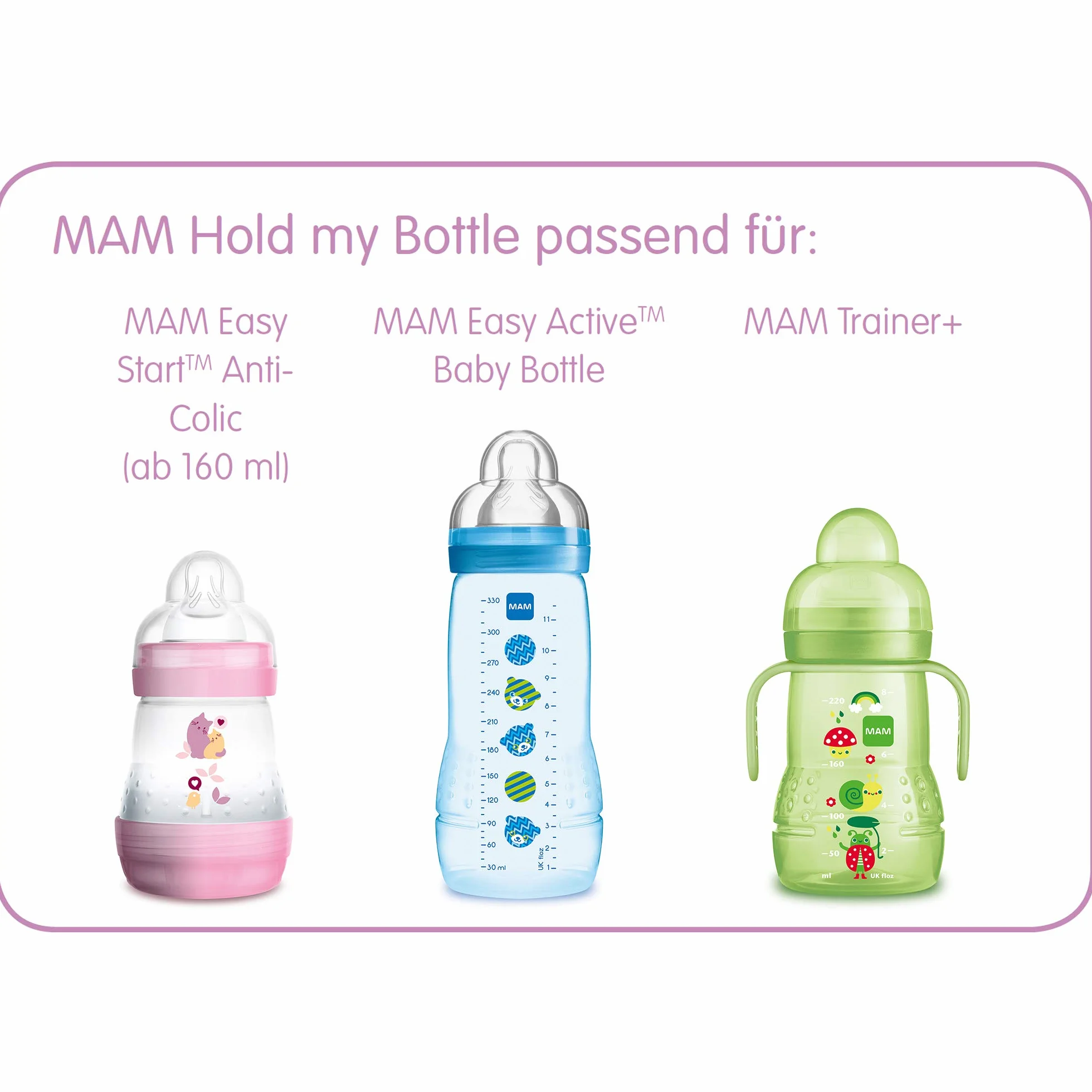 MAM Hold my Bottle uchwyty do butelek w zestawie 2 szt., antypoślizgowe uchwyty do butelek i MAM Trainer, specjalnie zaprojektowane do małych dłoni niemowląt, 0+ miesięcy, białe