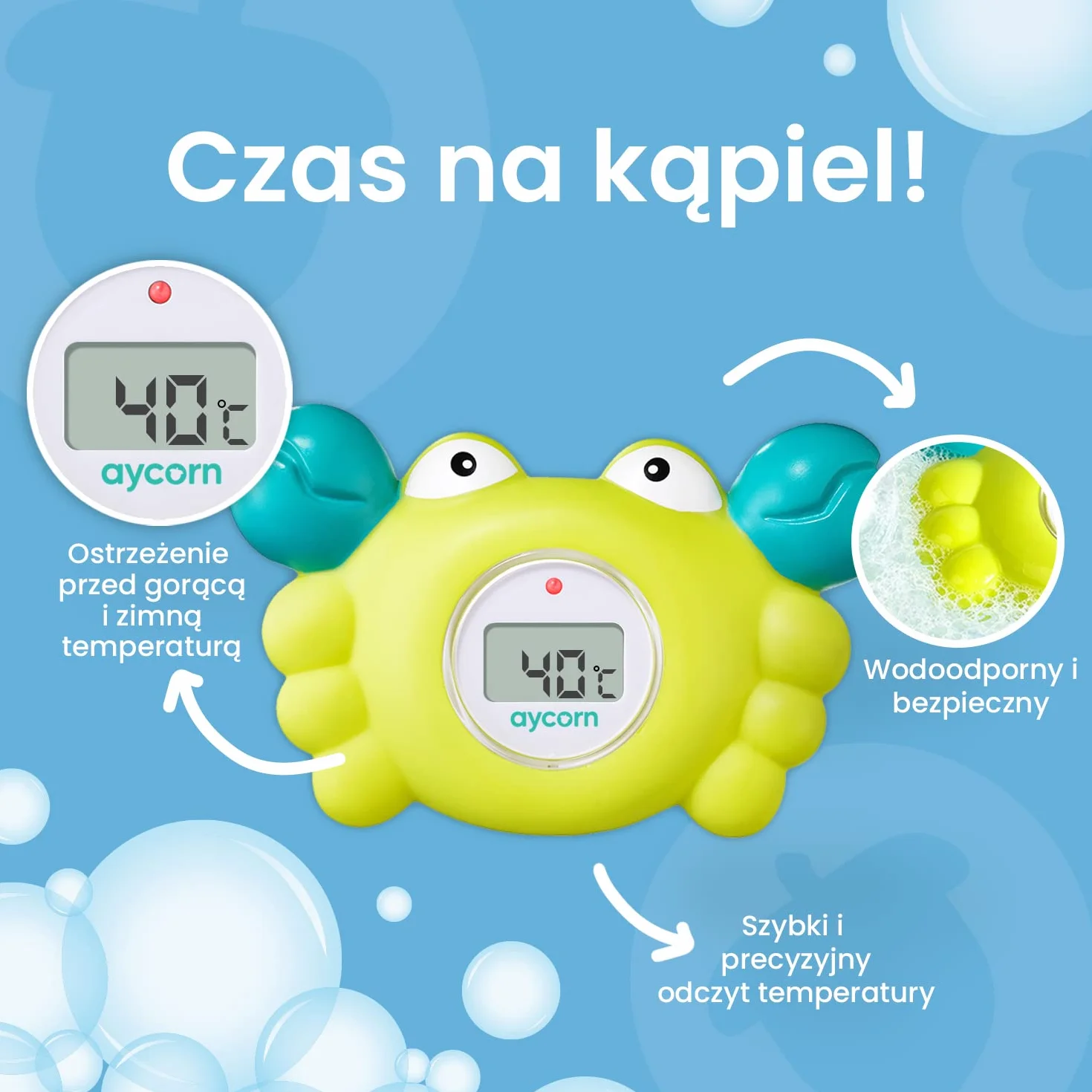 Aycorn Cyfrowy Termometr do Wanny Wody Kąpieli, dla Dzieci Niemowląt Malucha, Pokojowy Wodoodporny, Zabawka do Kąpieli, Elektroniczny Precyzyjny Czujnik Temperatury, Krab