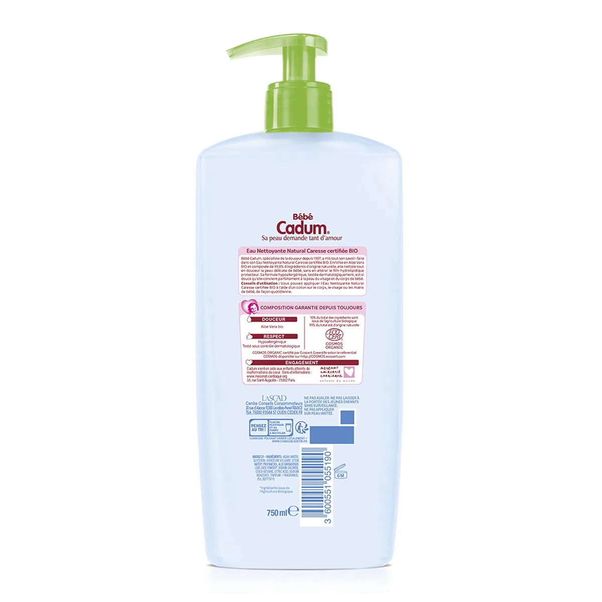 Cadum Natural Caresse Certyfikowana organiczna hipoalergiczna woda czyszcząca dla niemowląt - 750 ml