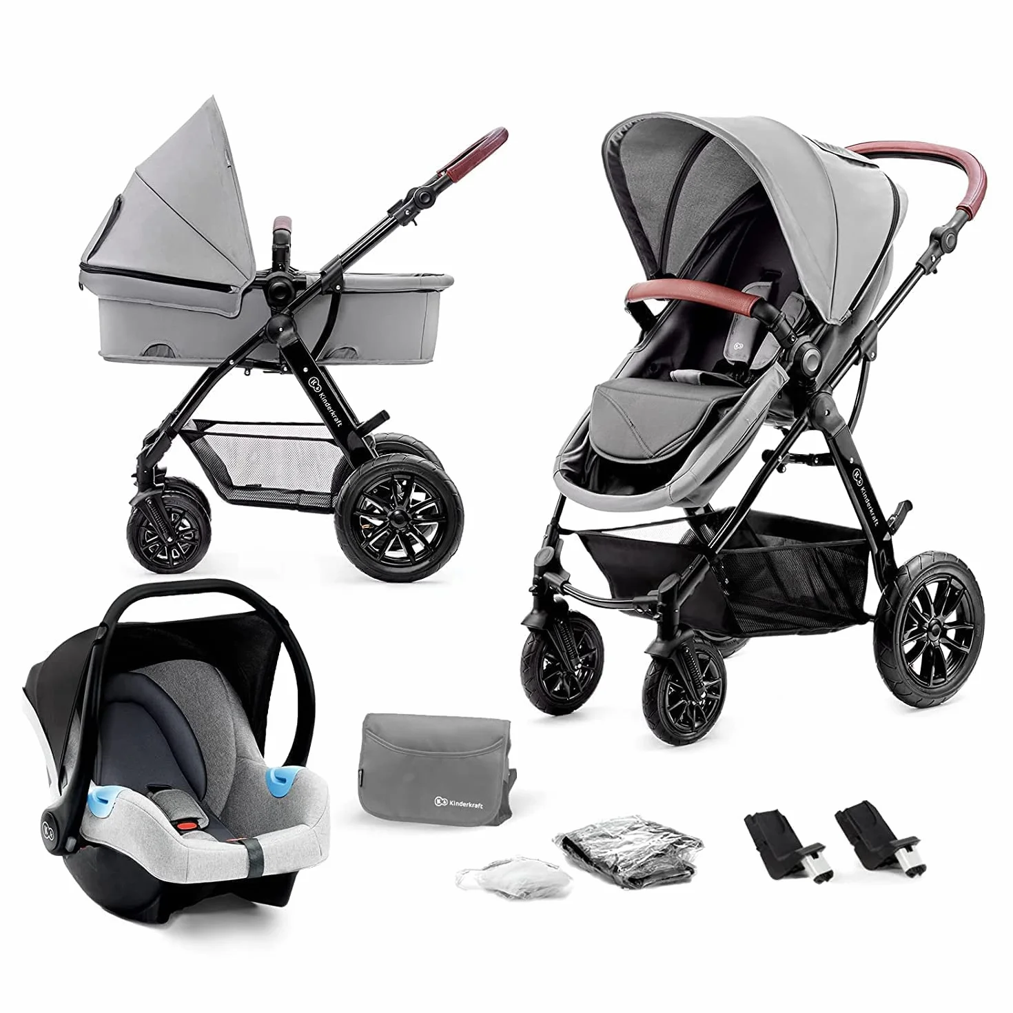 Kinderkraft MOOV 3w1 Wielofunkcyjny Wózek Dziecięcy Spacerówka Travel System Fotelik Samochodowy 22 kg Szary