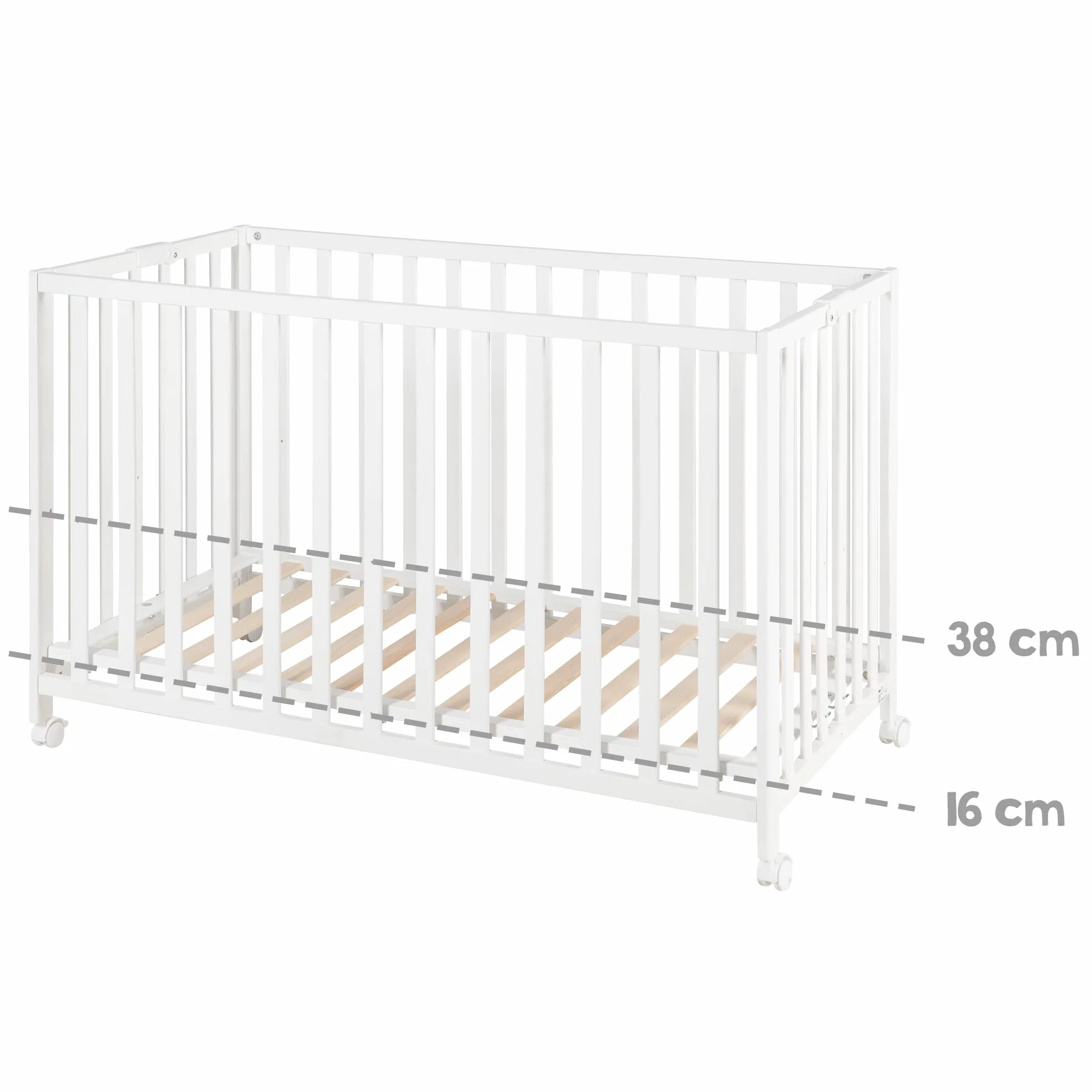 roba Łóżeczko składane Fold Up 60 x 120 - Składane łóżeczko dla niemowląt z drewna - 2-stopniowo regulowana wysokość - Oszczędne w miejscu łóżeczko z bariery na kółkach - Biały
